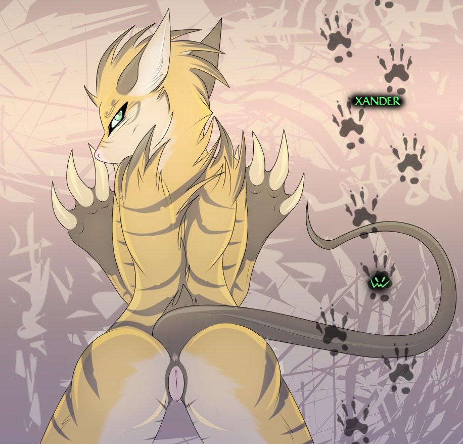 anthro anus biped butt chillswitch claws e621 felid female genitals green_eyes hybrid looking_at_viewer looking_back mammal murid murine nude pantherine presenting presenting_hindquarters raised_tail rat rear_view rodent solo standing stripes tail tail_anus tiger vulva xander_(chillswitch)