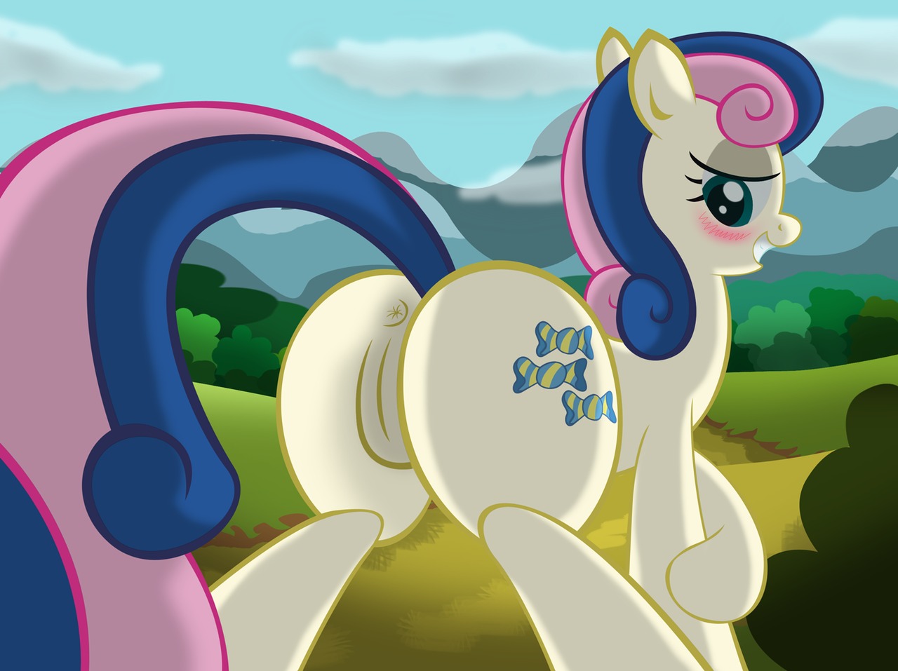 anus bonbon_(mlp) butt cloud cutie_mark e621 earth_pony equid equine female feral friendship_is_magic genitals green_eyes hair hasbro horse looking_back mammal multicolored_hair my_little_pony outside plant pony quadruped shrub sky solo tail two_tone_hair vulva ziemniax