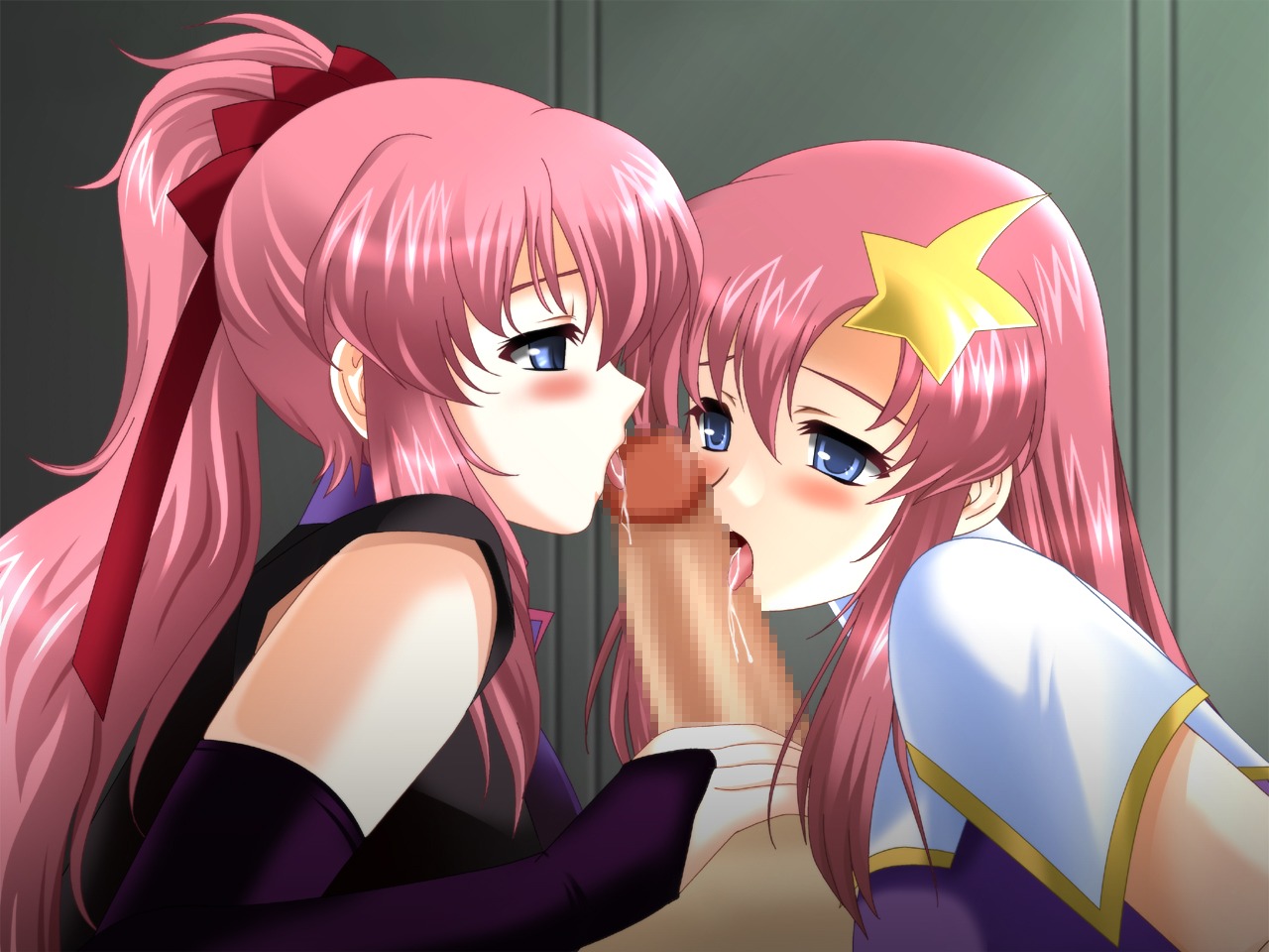 2girls blue_eyes blush censored female gundam gundam_seed gundam_seed_destiny lacus_clyne licking long_hair male meer_campbell multiple_females multiple_girls penis pink_hair rule34