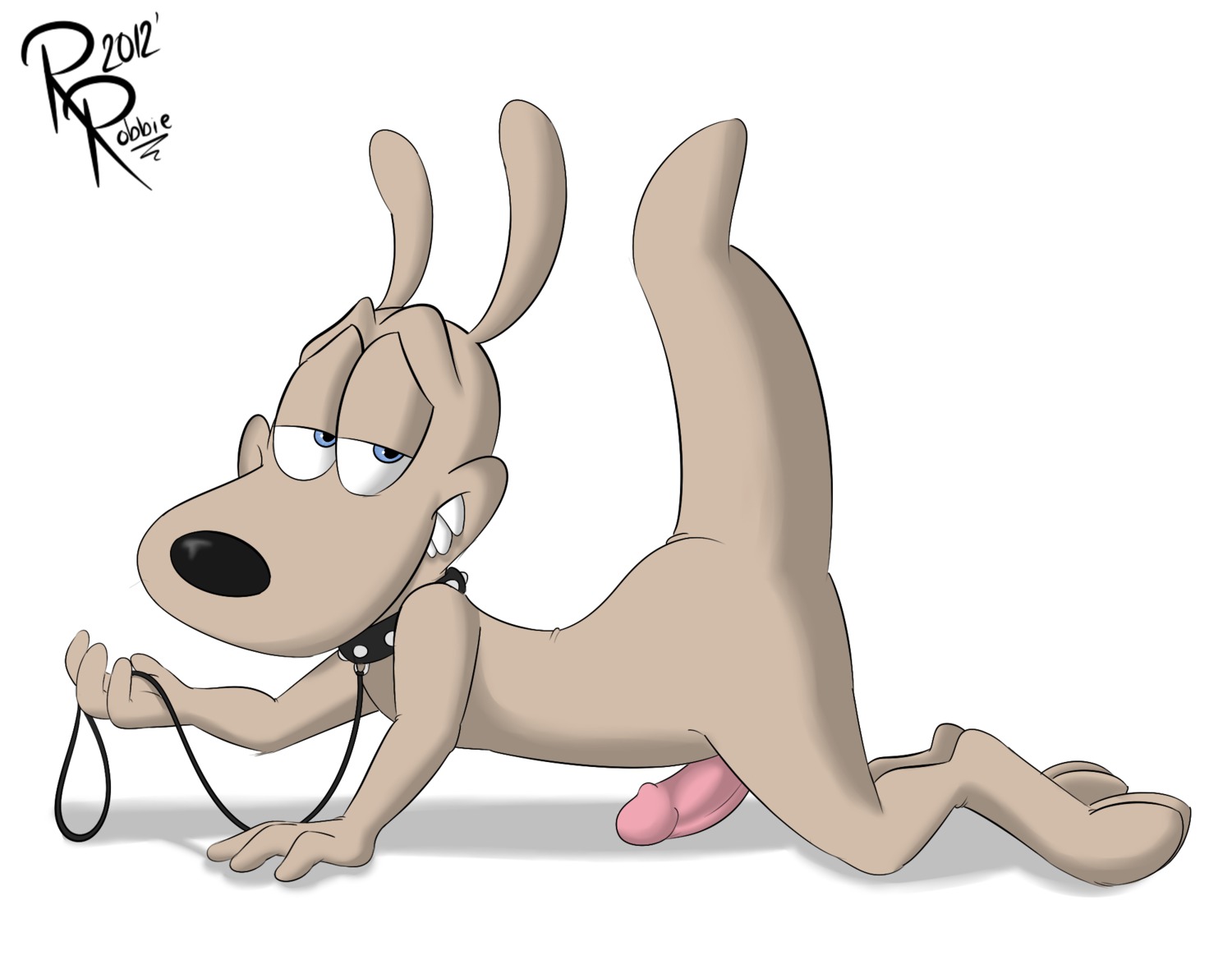 2012 4_fingers all_fours anthro blue_eyes collar digitigrade e621 erection fingers fur genitals half-closed_eyes hi_res humanoid_genitalia humanoid_penis leash looking_at_viewer macropod male mammal marsupial narrowed_eyes nickelodeon nude penis raised_tail rocko's_modern_life rocko_rama rotten_robbie signature simple_background smile solo tail teeth wallaby white_background