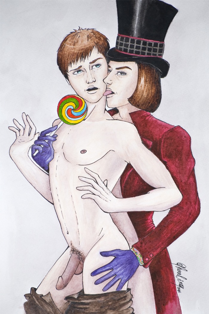 2boys age_difference artist_signature brown_hair candy charlie_and_the_chocolate_factory charlie_bucket circumcised erect_nipples freddie_highmore gay gloves green_eyes half-erect hand_on_hip human human_only johnny_depp licking_cheek lollipop looking_at_viewer looking_to_the_side male male_only nipples older_male_and_younger_male pants_down pubic_hair rule34 tagme tongue tongue_out top_hat topless white_background willy_wonka willy_wonka_and_the_chocolate_factory yaoi