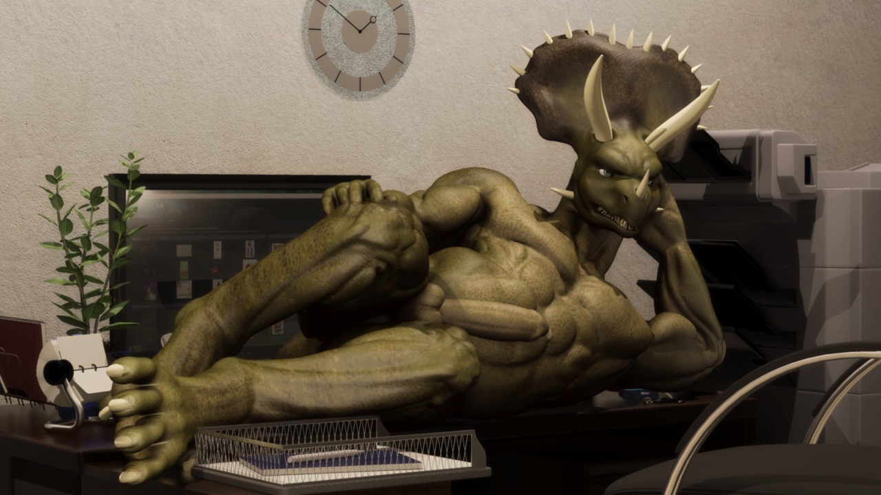 16:9 3d_(artwork) abs animal_genitalia athletic balls biceps big_muscles big_penis blue_eyes bone_frill brown_body brown_skin ceratopsian ceratopsid chasmosaurine claws darkwargreymon_(artist) desk digital_media_(artwork) dinosaur e621 erection fangs frill_(anatomy) furniture genitals horn lying male marginocephalian muscular muscular_male nude office on_side ornithischian pecs penis pose prehistoric_species presenting reptile scales scalie solo table teeth toe_claws triceratops widescreen