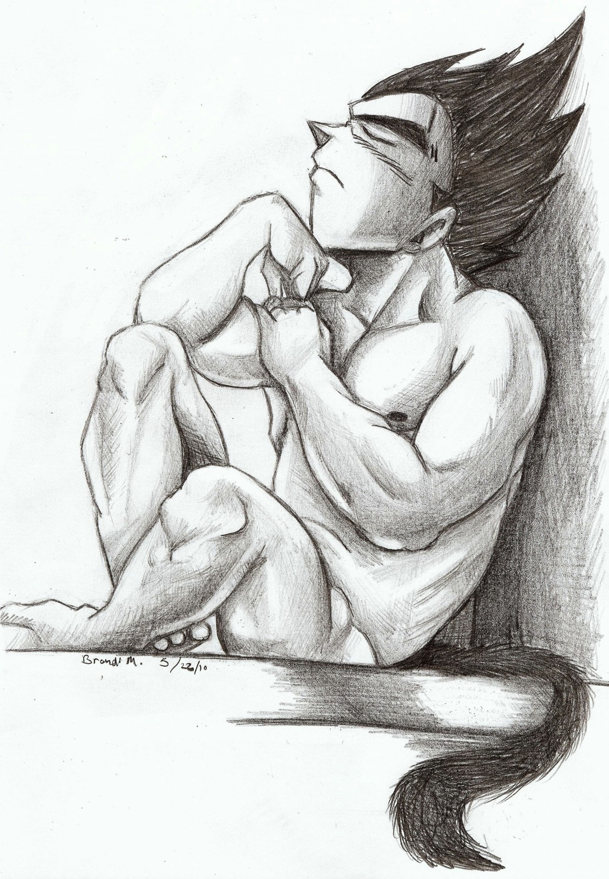 1boy 2010 closed_eyes cowcat44 dragon_ball dragon_ball_z fur furry_tail hair male male_only monochrome nude rule34 saiyan side_view sitting solo tail