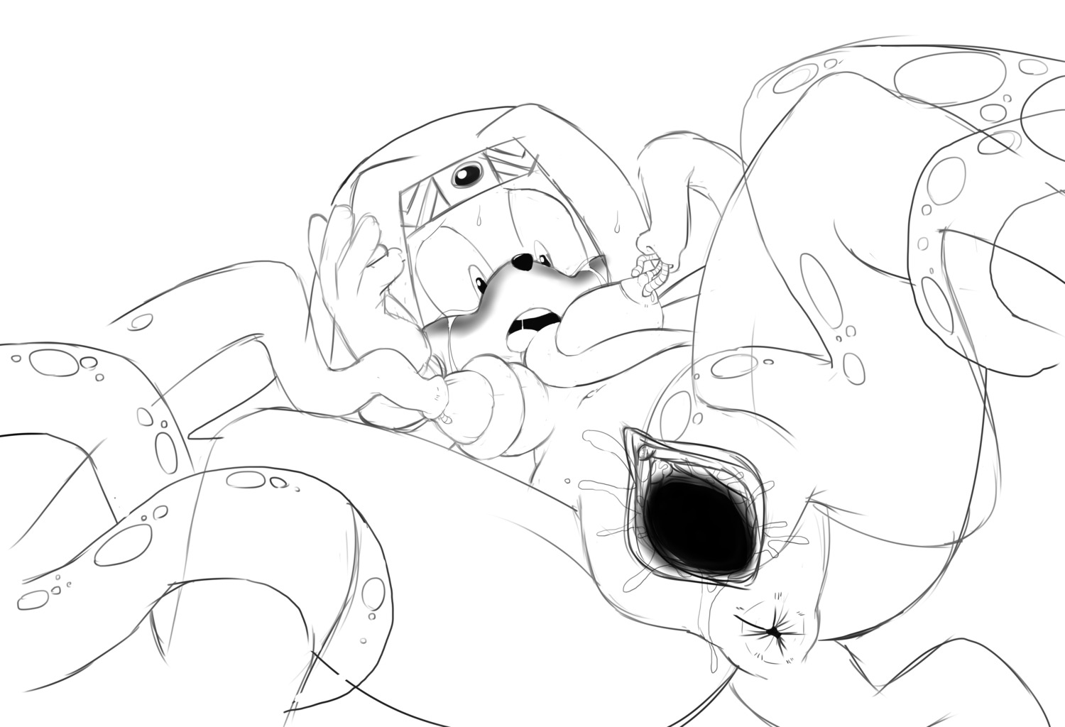 absurd_res anthro anus bodily_fluids breasts e621 echidna female gaping gaping_vagina genitals hi_res mammal monochrome monotreme nipples nude penetration ravrous sega solo sonic_adventure sonic_the_hedgehog_(series) sweat tentacles tikal_the_echidna vaginal vaginal_penetration vulva