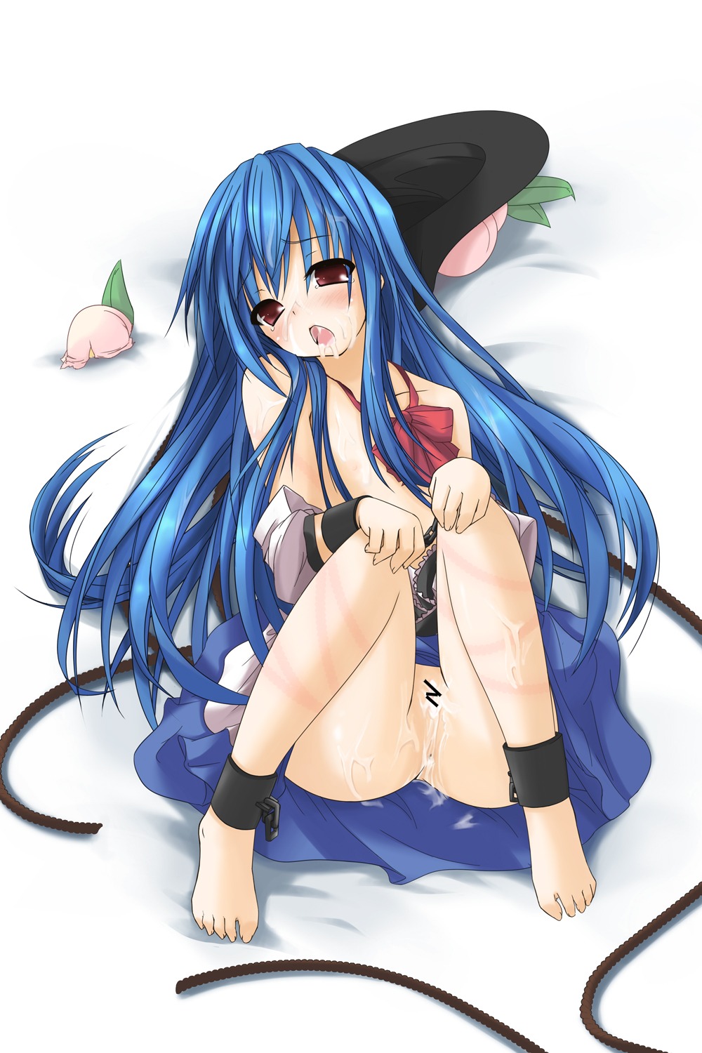 after_sex bar_censor barefoot blue_hair bondage bottomless censored cuffs cum cum_in_mouth ebisu_tarou_(pixiv74279) facial feet female femsub hat hat_removed headwear_removed highres mikago_kotaro no_panties nude pussy red_eyes rule34 slave submissive tenshi_hinanawi topless touhou whip_marks