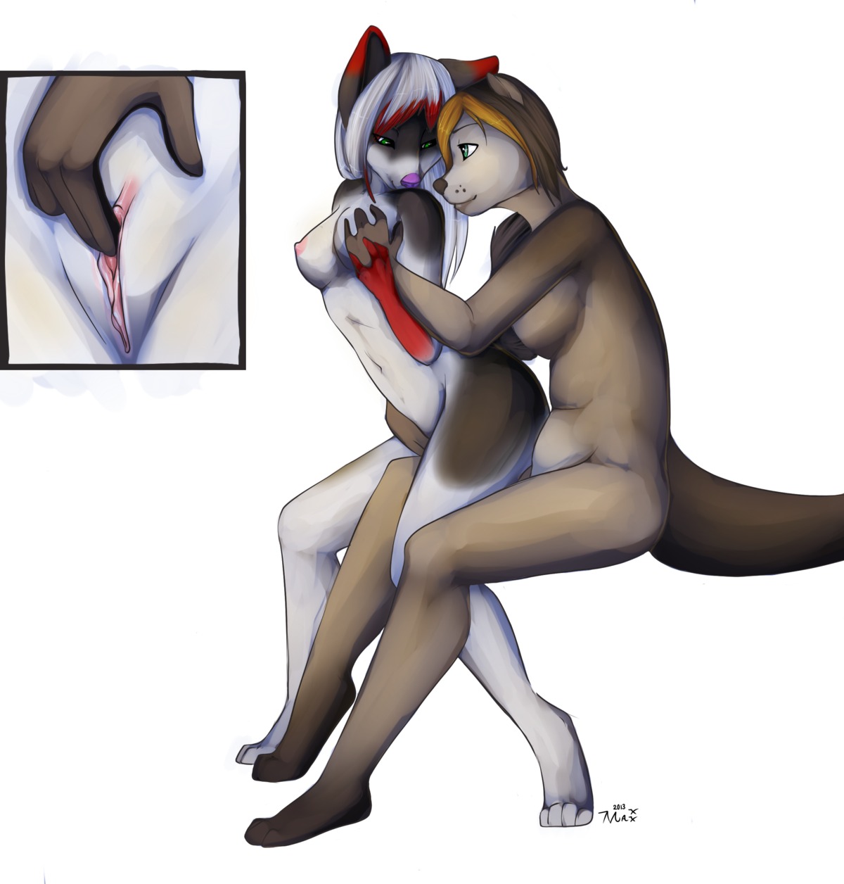 4_toes anthro breast_grab breasts canid canine clitoris close-up digitigrade duo e621 eye_contact feet female female/female fingering fox genitals green_eyes hair hand_on_breast hi_res hindpaw interspecies looking_at_another mammal multicolored_hair mustelid nipples nude on_lap otter paws reina. simple_background sitting sitting_on_lap tail toes two_tone_hair vaginal vaginal_fingering vulva white_background