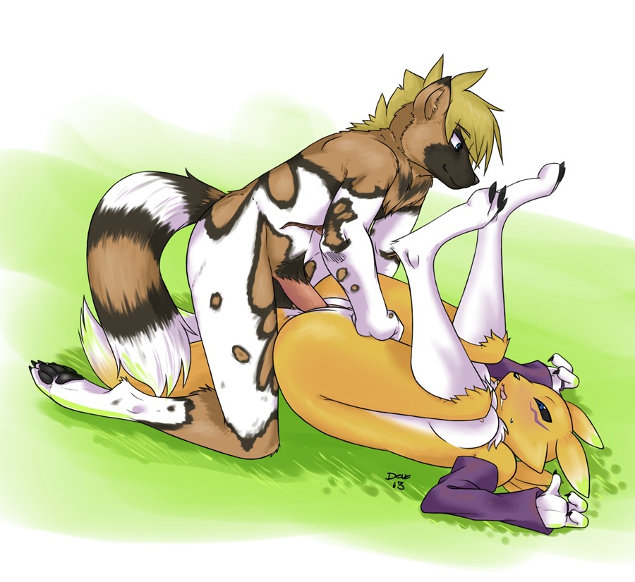 4_toes african_wild_dog anthro anvil_position bandai_namco big_breasts black_sclera blonde_hair blue_eyes blush bodily_fluids breast_squish breasts canid canine chest_tuft claws clitoris devo87 digimon digimon_(species) digitigrade drooling duo e621 erection eye_contact feet female female_penetrated from_front_position fur genitals hair hindpaw interspecies kneeling legs_up looking_at_another lying male male/female male_penetrating male_penetrating_female mammal mane nude on_back outside pawpads paws penetration penile penile_penetration penis penis_in_vagina pubes renamon saliva sex side_boob soles squish tail toes tuft under_boob vaginal vaginal_penetration vulva white_body white_fur yellow_body yellow_fur