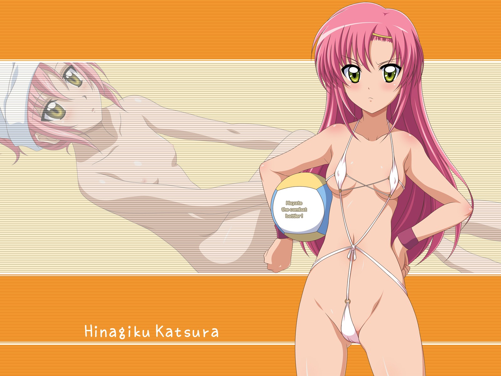 ball_(object) beach_ball bikini blush breasts clothes female hair hair_held_back hayate_no_gotoku! highres katsura_hinagiku long_hair micro_bikini nipples nude pink_hair rule34 sling_bikini string_bikini swimsuit wallpaper