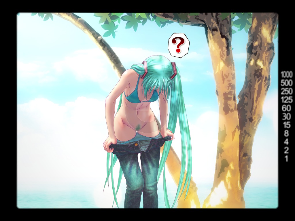 1girl 1girls ? aqua_hair bikini bikini_pull bikini_top blue_jeans border breasts censored clothes_pull color colored_pubic_hair day denim female female_only female_pubic_hair flat_chest green_hair hatsune_miku jeans leaning_forward long_hair looking_down medium_breasts mosaic_censoring navel open_fly outdoors panties pants pants_pull panty_pull pubic_hair pulled_by_self pussy recording rule34 sky solo standing swimsuit takouji thigh_gap tied_hair tree twintails underwear undressing unzipped very_long_hair viewfinder vocaloid voyeurism wardrobe_malfunction watching water wokada