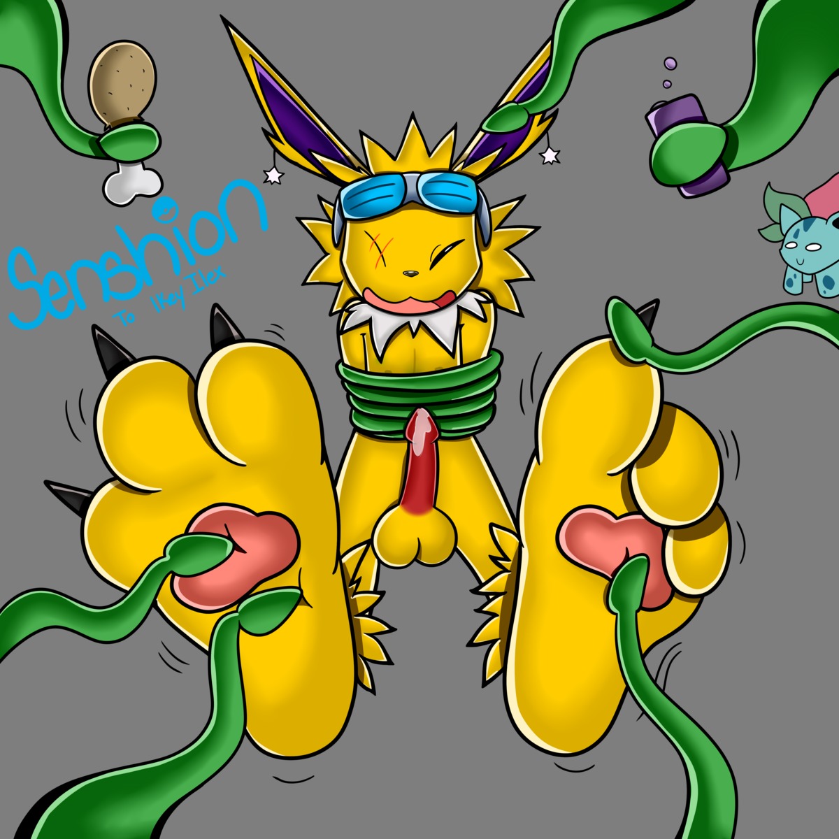 1:1 3_toes absurd_res alpha_channel ambiguous_gender anthro balls being_watched bodily_fluids bound claws cum digital_media_(artwork) duo e621 eeveelution erection feet foot_fetish foot_focus generation_1_pokemon genital_fluids genitals hi_res hindpaw jolteon looking_at_another male male/ambiguous nintendo nude open_mouth paws penis pokemon pokemon_(species) precum senshion solo_focus tentacles tickling toe_claws toes