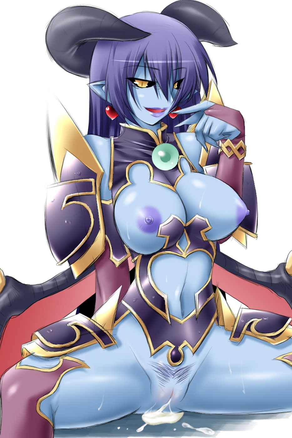 armor astaroth astaroth_(shinrabanshou) black_sclera blue_skin breastless breasts clothes clothing crotchless cum demon demon_girl earring earrings female heart_earring highres horns jewelry large_breasts pubic_hair pussy reverse_bikini_armor rule34 shinrabanshou uncensored unconvincing_armor vagina yellow_eyes