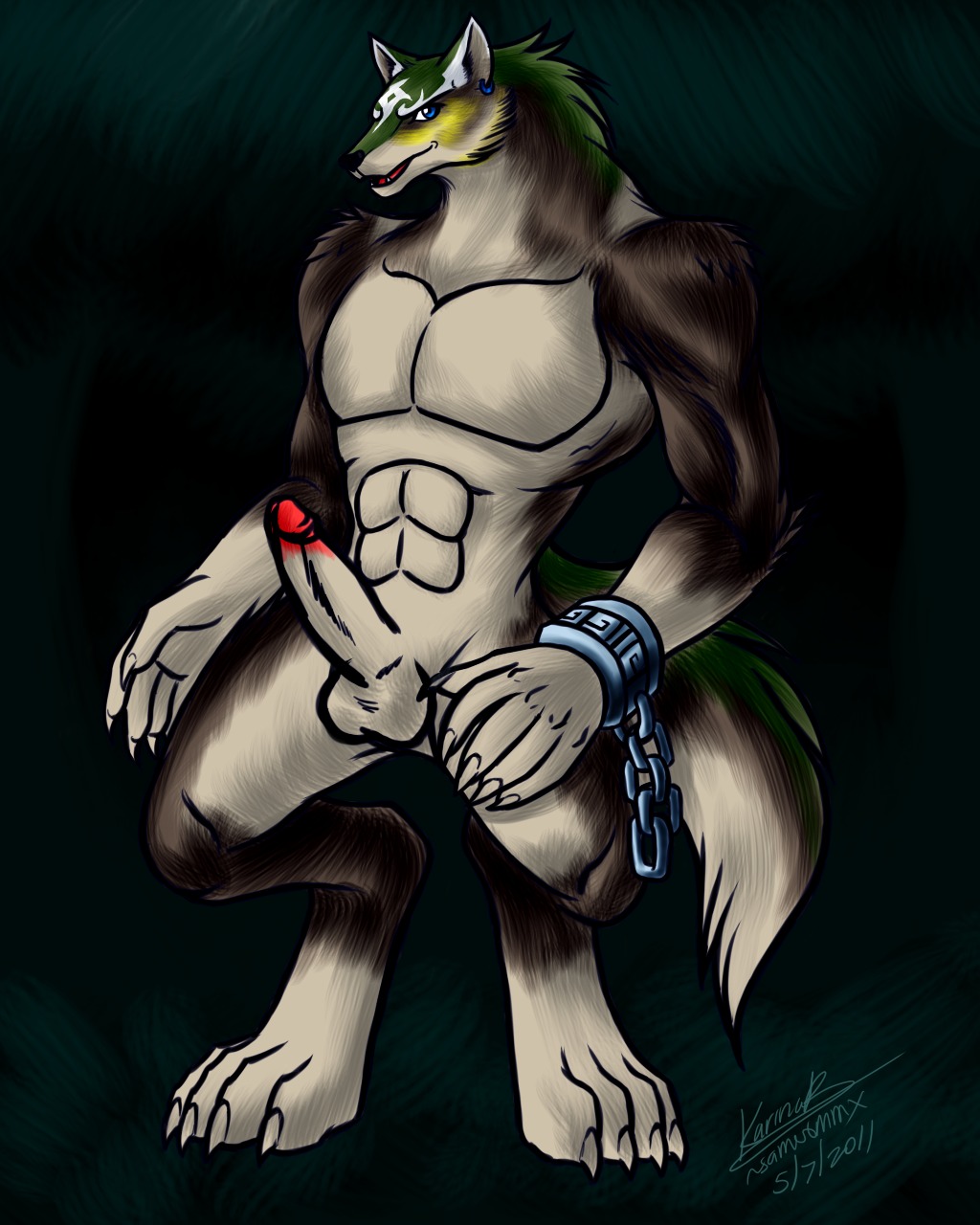 2011 4:5 4_toes 5_fingers abs anthro anthrofied balls barefoot biped black_body black_fur black_nose blue_eyes broken_chain canid canine canis chain claws cuff_(restraint) digitigrade e621 ear_piercing erection feet fingers fur genitals green_body green_fur hi_res humanoid_genitalia humanoid_penis link_(wolf_form) looking_at_viewer male mammal muscular muscular_anthro muscular_male nintendo penis piercing restraints shackles solo standing tail the_legend_of_zelda toes unknown_artist white_body white_fur wolf yellow_body yellow_fur