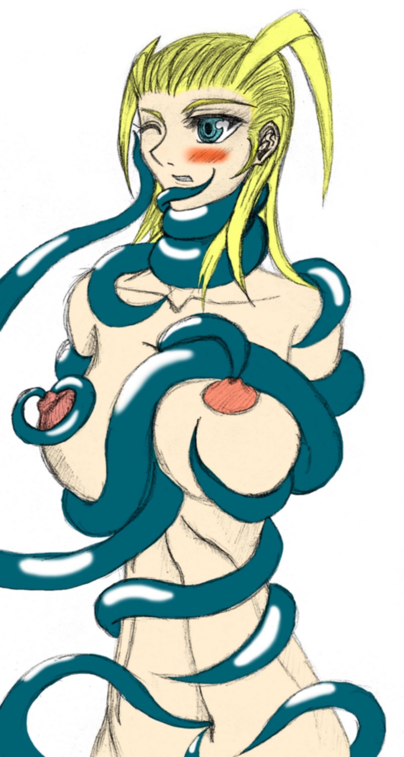1girls blonde_hair blue_eyes female heart kingdom_hearts larxene navel navel_entry nipples nobody_(kingdom_hearts) nude poke poking restrained rule34 standing tentacle