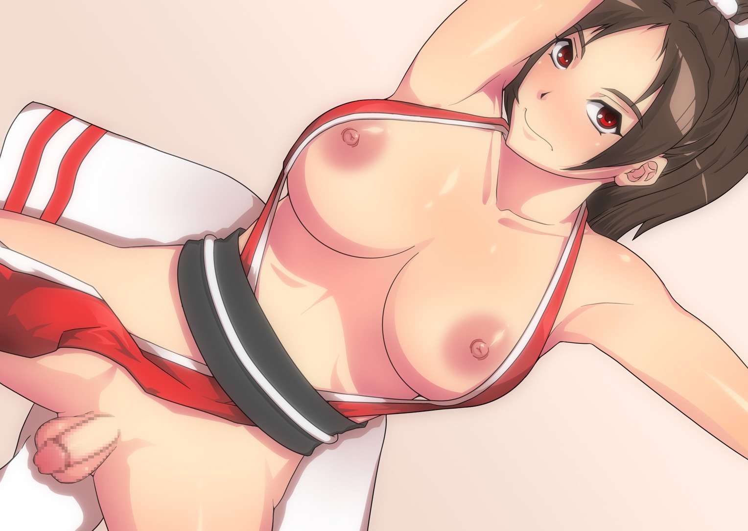 1futa balls bare_shoulders belt blush breasts brown_hair censored fatal_fury flaccid futa_only futanari highres human intersex japanese_clothes king_of_fighters large_breasts mai_shiranui nipples open_clothes penis ponytail red_eyes rule34 snk solo spread_legs testicles tied_hair