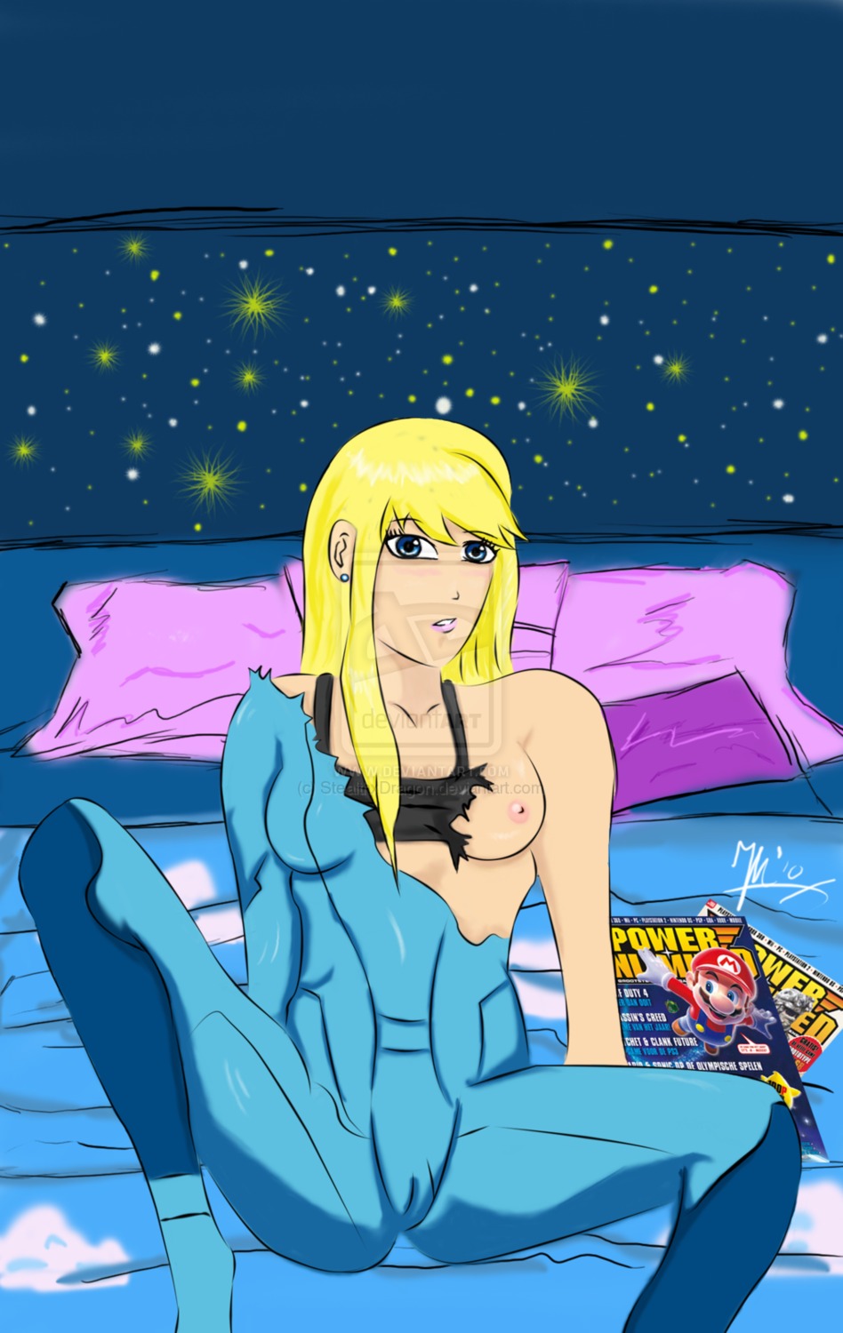 deviantart dutch_text female female_only human metroid nintendo obstructive_watermark rule34 samus_aran signature solo stealthxdragon tagme text torn_bodysuit torn_clothes watermark zero_suit