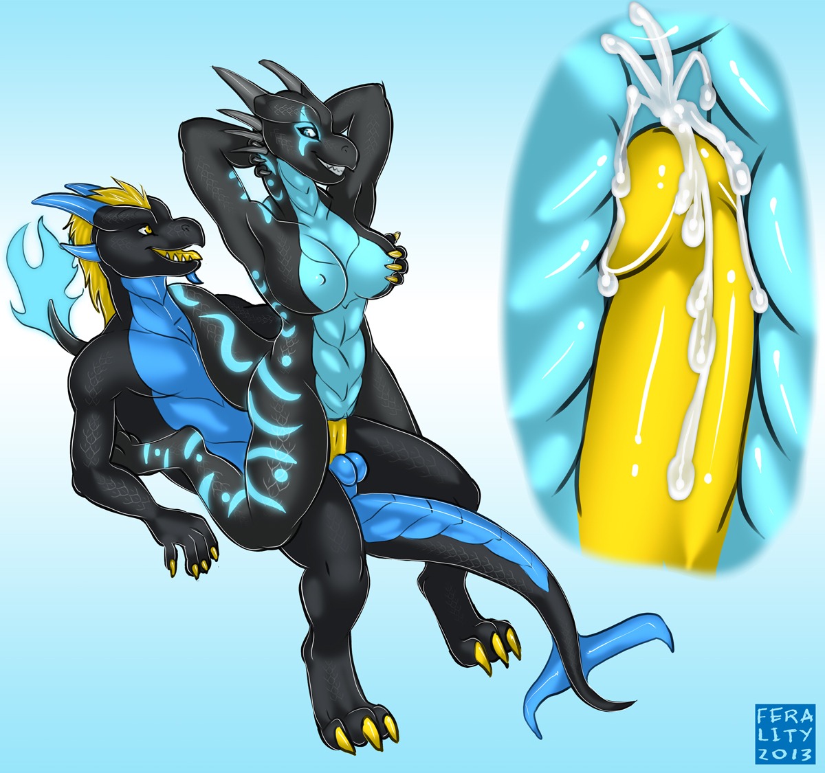 2013 anthro anthro_on_anthro balls black_body black_scales blonde_hair blue_body blue_scales bodily_fluids breast_grab breasts clitoris cum cum_in_vagina cum_inside dragon duo e621 erection female female_on_top female_penetrated genital_fluids genitals grope hair hand_on_breast horn humanoid_genitalia humanoid_penis internal kadohusky lying male male/female male_on_bottom male_penetrating male_penetrating_female mythological_creature mythological_scalie mythology nipples non-mammal_balls non-mammal_breasts non-mammal_nipples nude on_back on_bottom on_top penetration penile penile_penetration penis penis_in_vagina raised_arm reverse_cowgirl_position scales scalie sex simple_background tail vaginal vaginal_penetration vulva yellow_penis