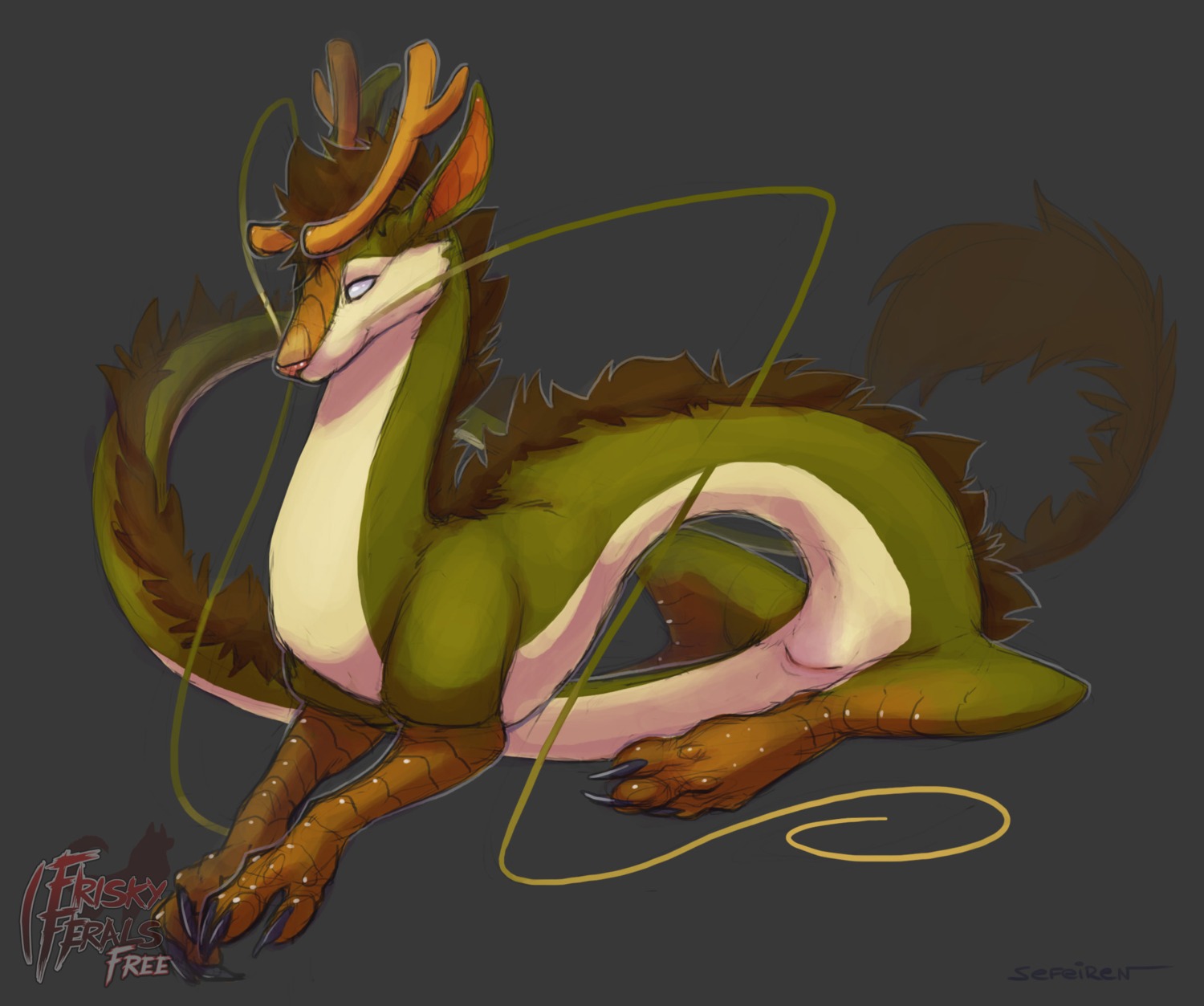 2013 animal_genitalia asian_mythology claws cloaca conditional_dnp dragon e621 east_asian_mythology eastern_dragon feet female feral frisky_ferals genitals green_body green_skin hi_res hindpaw horizontal_cloaca horn mane mythological_creature mythological_scalie mythology naia_(frisky_ferals) paws scalie sefeiren sitting solo tail whiskers white_body