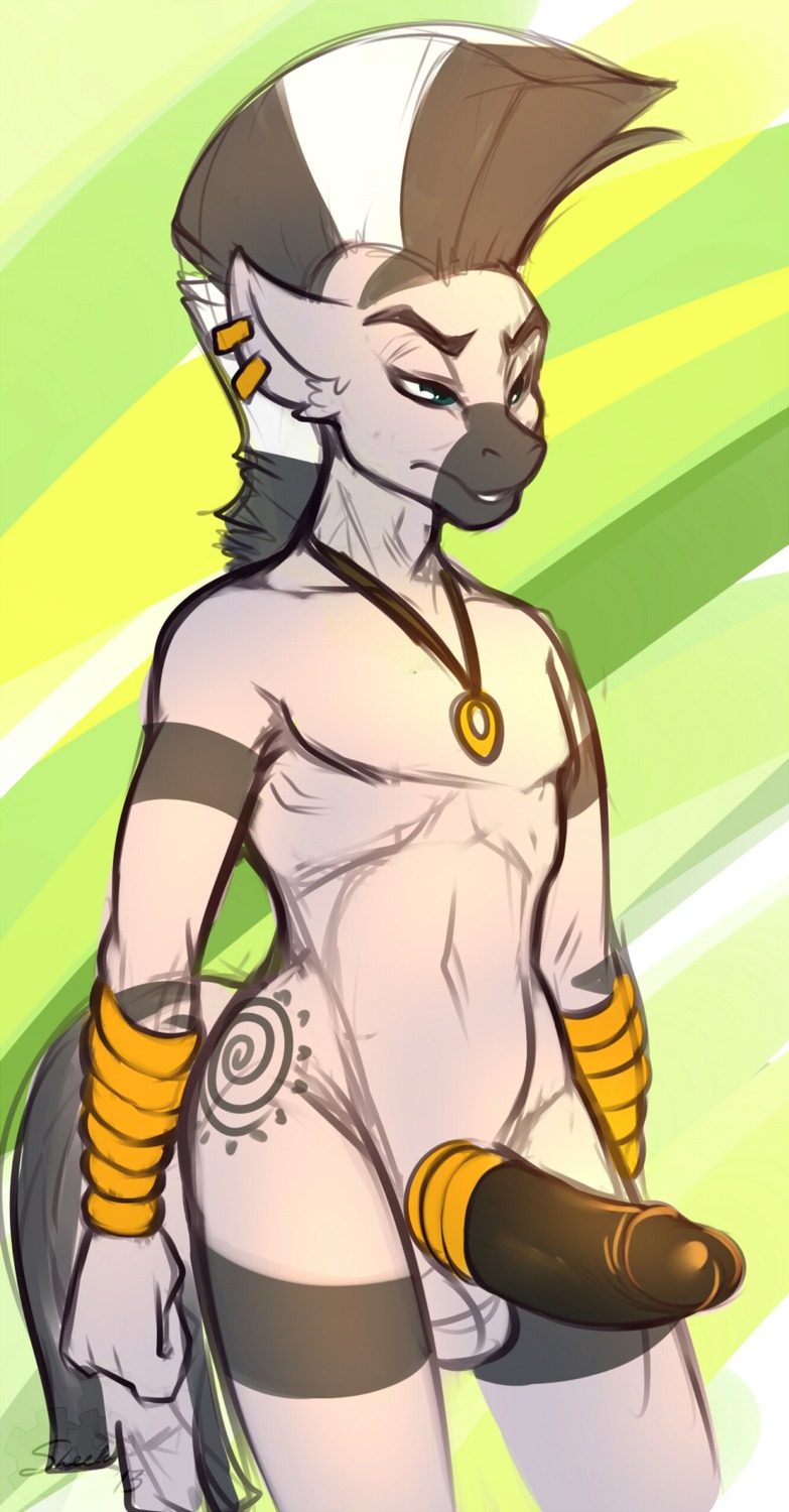 2013 anthro anthrofied balls biped crossgender e621 ear_piercing equid equine erection friendship_is_magic ftm_crossgender genitals green_eyes hair hasbro hi_res jewelry male mammal mohawk multicolored_hair my_little_pony necklace nude penis piercing smile solo stripes sweetcreamfizz tail tattoo two_tone_hair zebra zecora_(mlp)