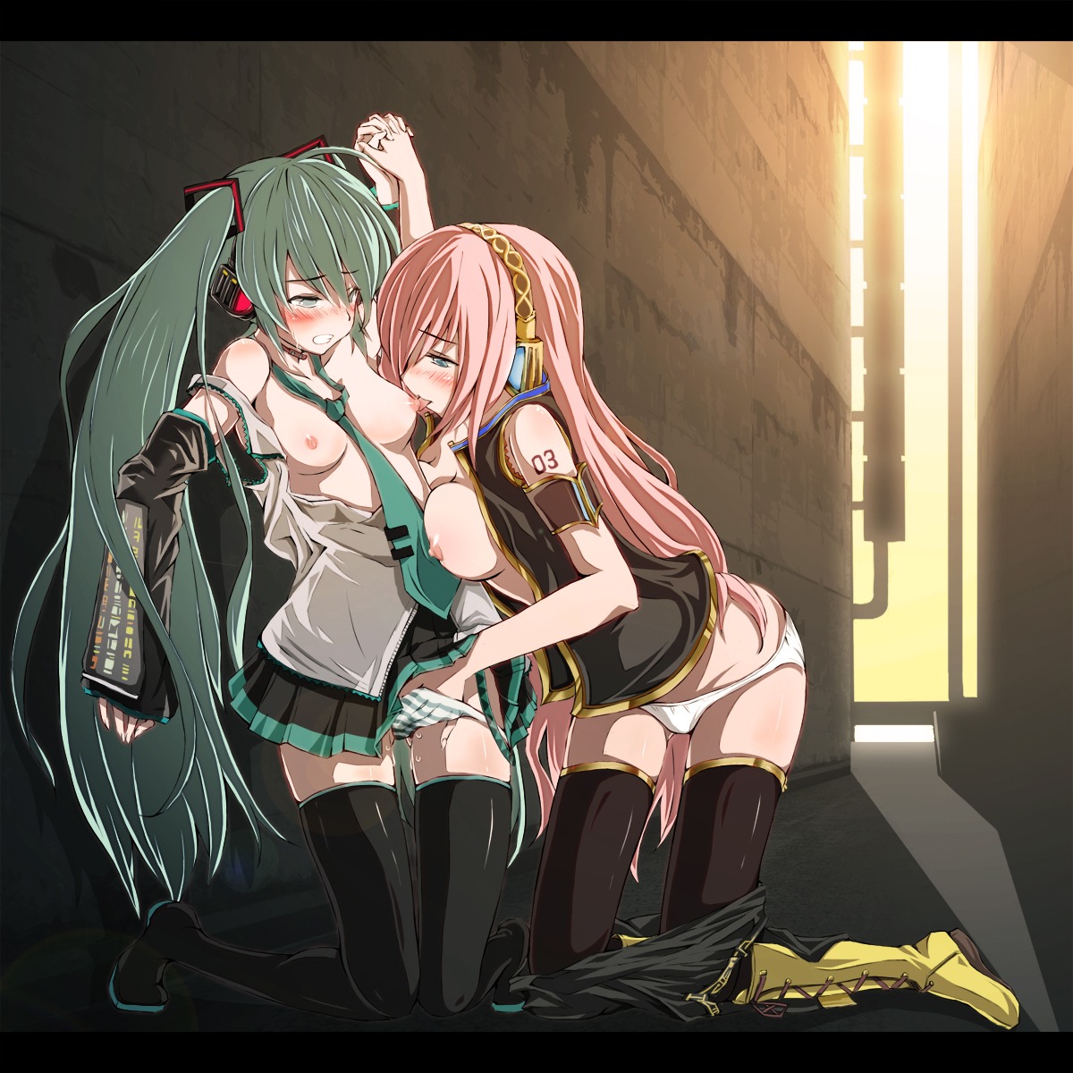 2girls alley aqua_eyes aqua_hair aratant blue_eyes blush boots breast_sucking breasts chiri_(atlanta) clenched_teeth clothes_pull detached_sleeves female fingering green_eyes green_hair hand_holding hand_in_another's_panties hand_in_panties hatsune_miku headphones headset highres holding_hands interlocked_fingers knee_boots kneeling large_breasts legs letterboxed licking long_hair medium_breasts megurine_luka multiple_females multiple_girls necktie nipple_lick nipple_licking nipples open_clothes open_shirt panties pink_hair pussy_juice rule34 shirt skirt striped striped_panties tears thighhighs tied_hair tongue twintails underwear very_long_hair vocaloid wet_panties white_panties yuri