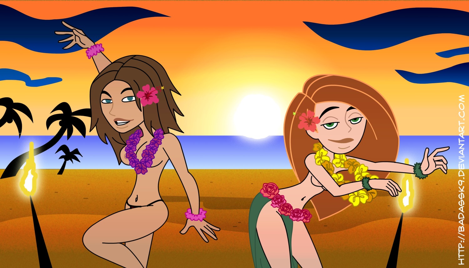 badassk9 bikini bonnie_rockwaller breasts brown_hair disney disney_channel female female_only ginger green_eyes human kim_possible kimberly_ann_possible light-skinned_female light_skin medium_breasts multiple_females multiple_girls outdoors rule34 straight_hair tan-skinned_female teal_eyes white_female