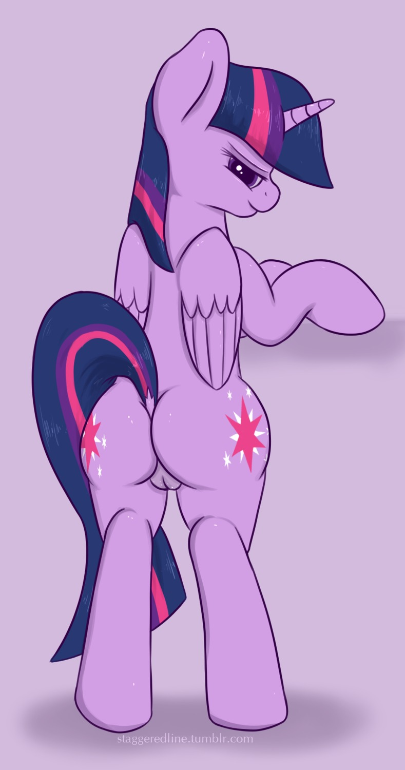 2014 biped butt cutie_mark e621 equid equine feathered_wings feathers female friendship_is_magic fur genitals hair hasbro hi_res horn looking_at_viewer looking_back mammal multicolored_hair my_little_pony mythological_creature mythological_equine mythology purple_body purple_eyes purple_feathers purple_fur purple_hair smile solo staggeredline twilight_sparkle_(mlp) two_tone_hair vulva winged_unicorn wings