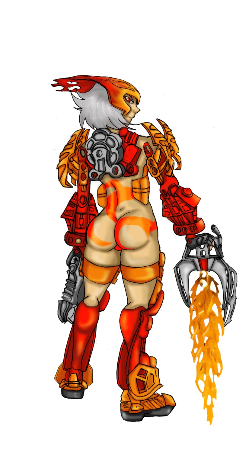 1girls 2009 ackar_(bionicle) armor ass bionicle bubble_butt cyborg drago-flame female fire_sword glatorian grey_hair humanized impractical_armor lego looking_back looking_over_shoulder no_artist_signature rear_view red_eyes rule34 rule_63 solo sword tagme weapon white_background