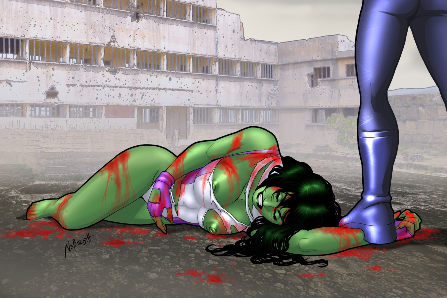 1girls avengers big_breasts blood breasts defeated_heroine female female_focus fingerless_gloves green_hair green_skin hulk_(series) lying_on_ground marvel marvel_comics nebaroth nipples rule34 she-hulk tagme torn_clothing