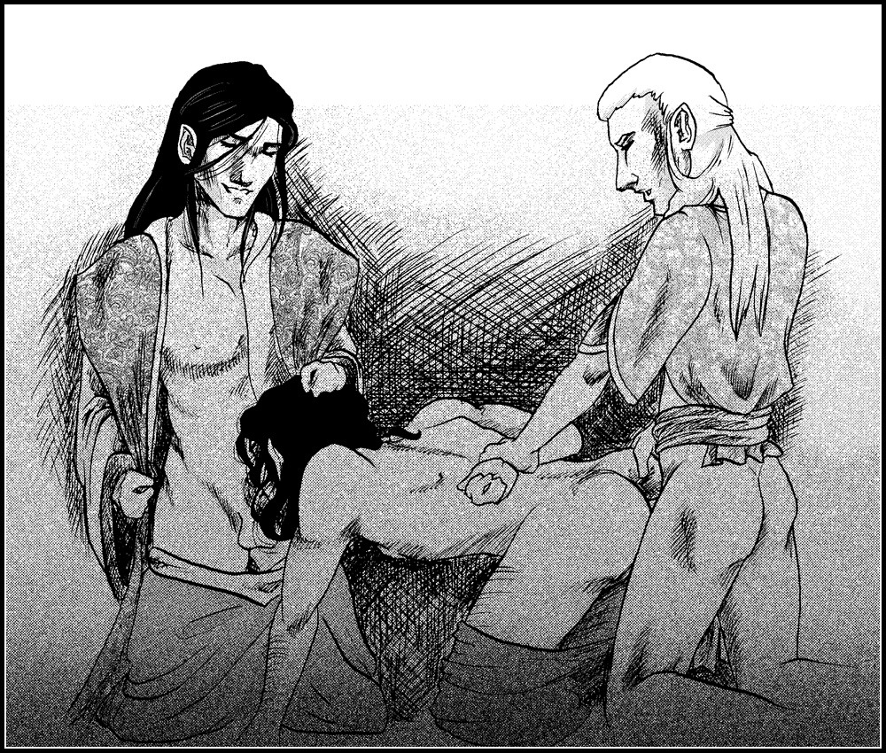 anal_penetration bottomless elf fellatio gay hand_behind_back holding_arm lord_of_the_rings male male_only monochrome multiple_males pants_down rule34 sex spitroast tagme the_silmarillion yaoi