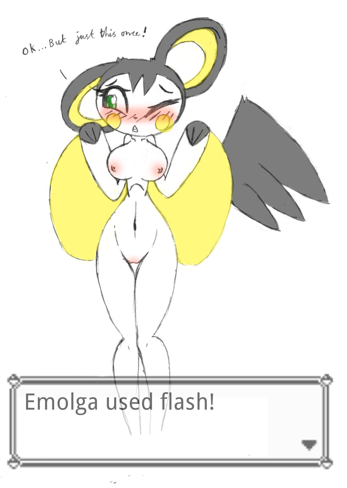 anthro big_breasts biped bit-small blush breasts e621 emolga english_text female flashing generation_5_pokemon genitals hi_res mammal membrane_(anatomy) nintendo nipples nude patagium pokemon pokemon_(species) pokemorph rodent sciurid shy solo standing text text_box vulva