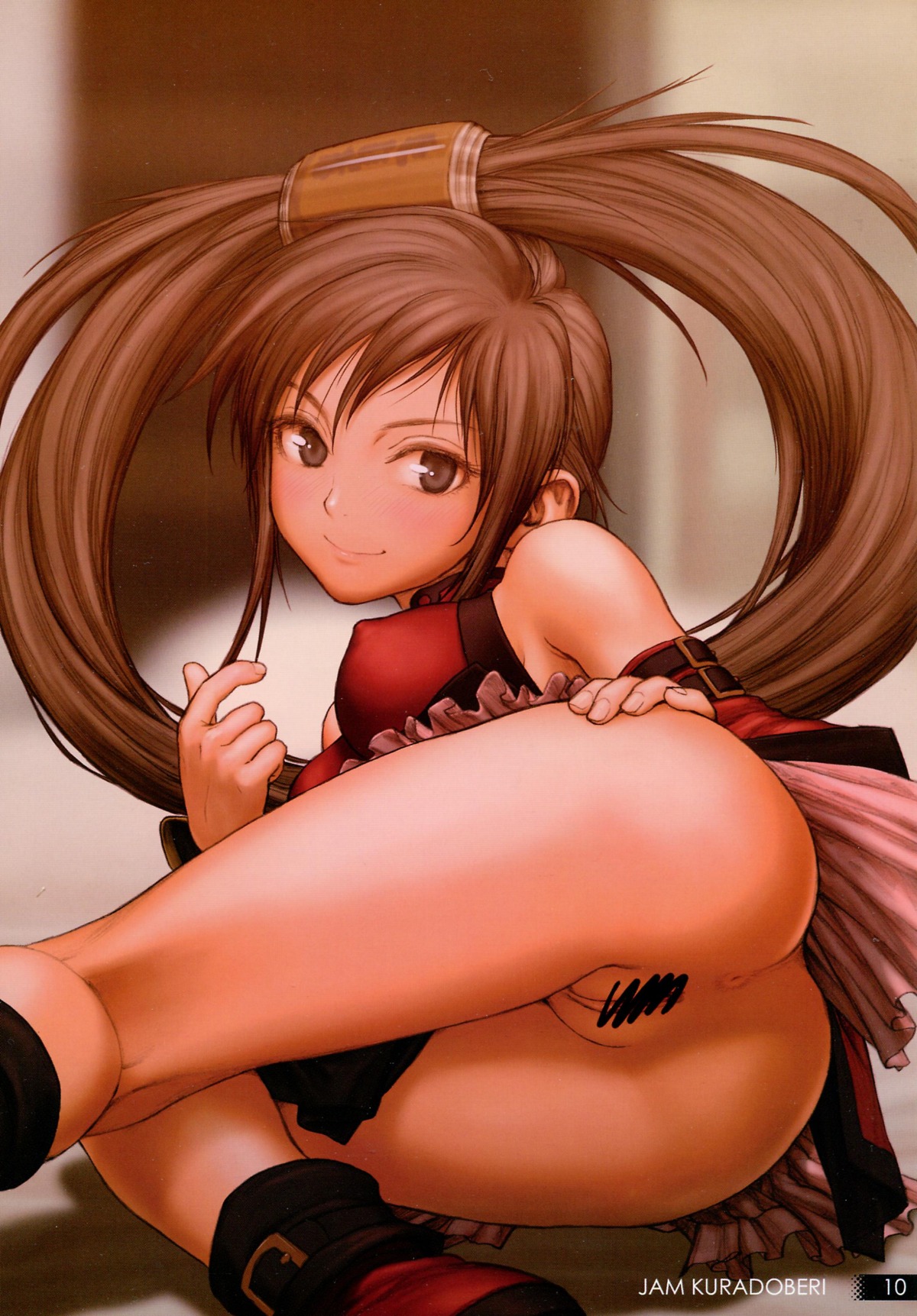 anus ass bare_shoulders beckoning boots bottomless breasts brown_eyes brown_hair censored chinese_clothes come_hither detached_sleeves erect_nipples female guilty_gear high_resolution kuradoberi_jam long_hair miniskirt nipples no_panties on_side presenting pussy rule34 rustle skirt solo upskirt very_long_hair