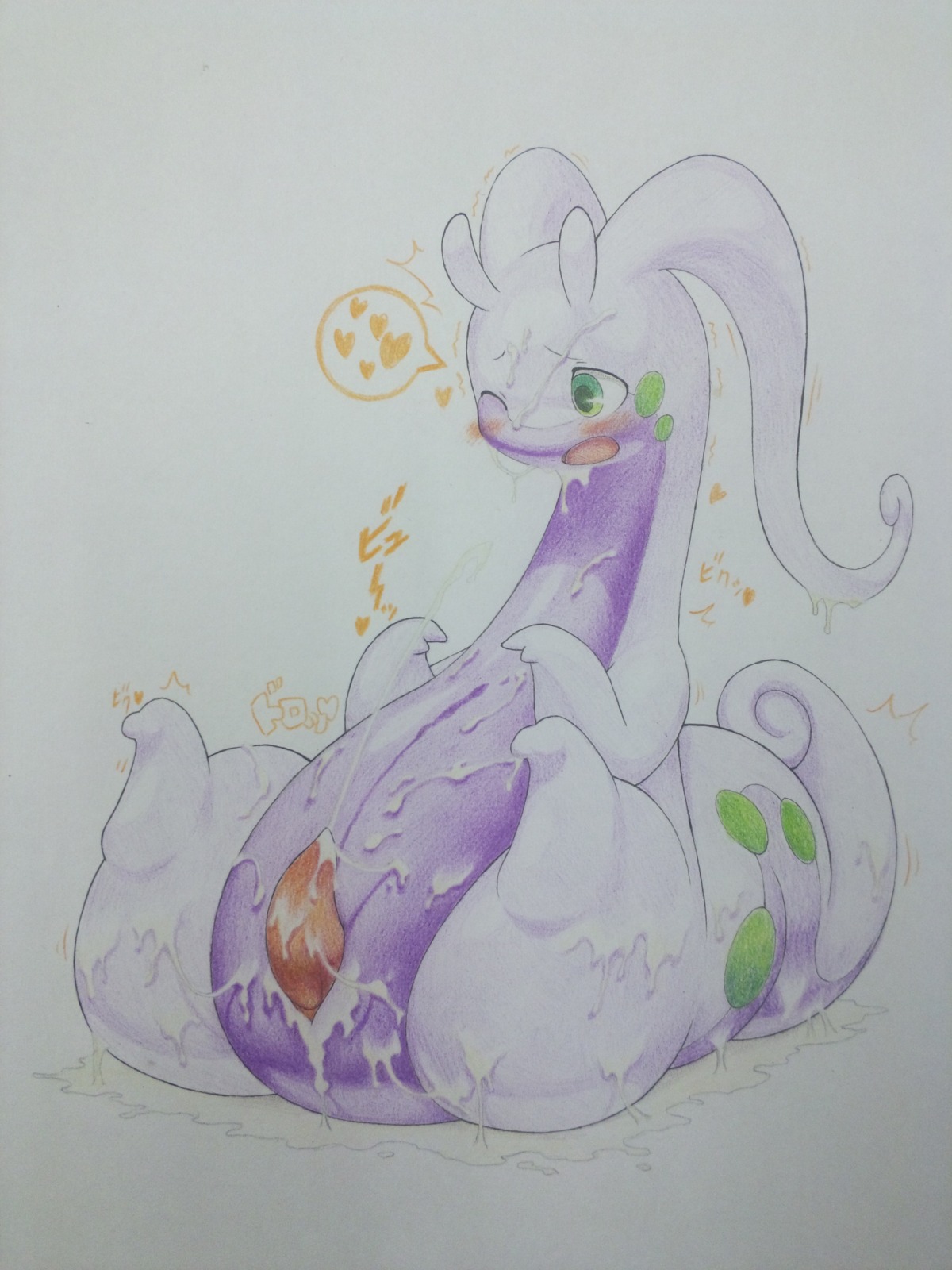 3:4 absurd_res animal_genitalia blush bodily_fluids cum cum_on_belly cum_on_body cum_on_chest cum_on_face cum_on_own_face cum_on_penis cum_on_self cum_on_slit cumshot dragon e621 ejaculation erection feet feral furemani gastropod generation_6_pokemon genital_fluids genital_slit genitals goodra green_eyes hands-free heart_symbol hi_res japanese_text legs_up male mollusk mythological_creature mythological_scalie mythology nintendo nude one_eye_closed open_mouth orgasm penis pokemon pokemon_(species) scalie simple_background slightly_chubby slime solo spread_legs spreading tail tapering_penis text tongue traditional_media_(artwork) white_background