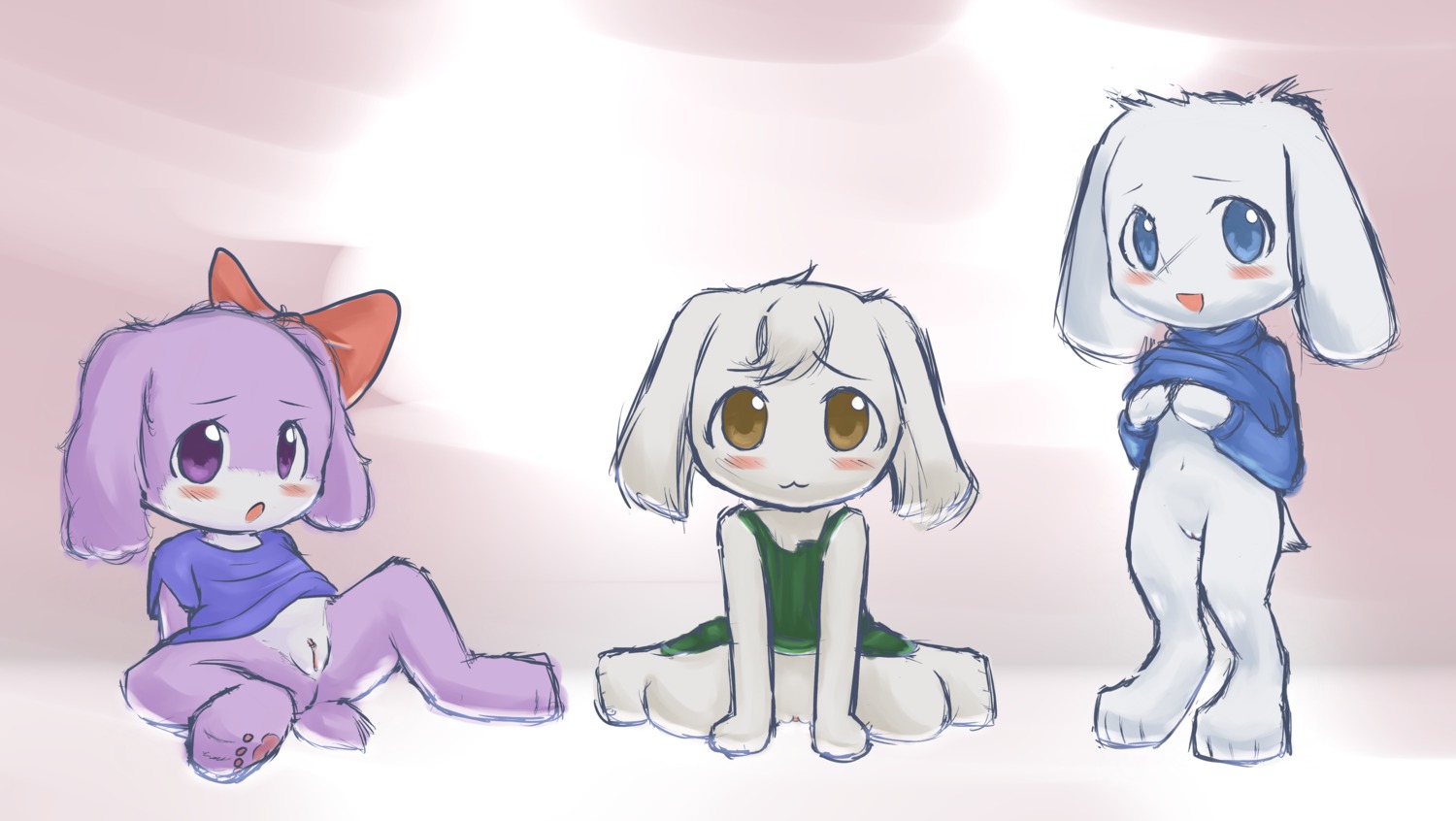 absurd_res accessory anthro blue_clothing blue_eyes blue_sweater blue_topwear blush bottomless bow_(feature) bow_accessory bow_ribbon brown_eyes cave_story chaco_(cave_story) clitoris clothed clothing clothing_lift delicious_(artist) digital_media_(artwork) e621 female fur genitals group hair_accessory hair_bow hair_ribbon hi_res lagomorph mammal mimiga open_mouth purple_body purple_eyes purple_fur ribbons shaded shirt shirt_lift sue_sakamoto sweater topwear toroko vulva white_body white_fur young young_anthro
