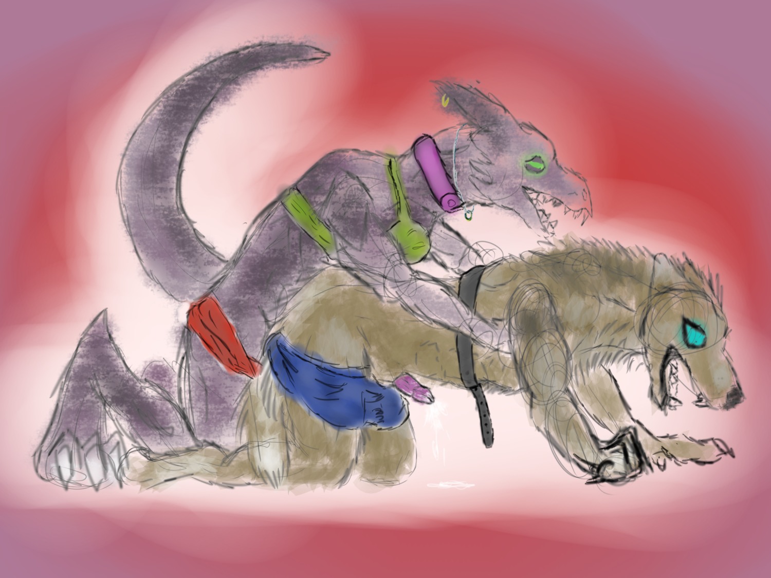 4:3 all_fours anal anal_penetration anthro anthro_on_anthro anthro_penetrated anthro_penetrating anthro_penetrating_anthro belt blue_eyes blush bottomwear bottomwear_down brown_body brown_fur canid canine claws clothed clothing collar digital_media_(artwork) dildo doggystyle duo e621 ear_piercing erection female female_penetrating female_penetrating_male fist from_behind_position fur genitals glowing glowing_eyes green_eyes hi_res horn male male/female male_penetrated mammal mythological_canine mythological_creature mythology nude object_in_ass open_mouth pants pants_down partially_clothed pegging penetration penis piercing pink_background purple_body purple_scales scales sex sex_toy sex_toy_in_ass sex_toy_insertion sharp_teeth simple_background strapon teeth toying_partner werecanid werecanine werecreature werewolf white_claws wolfpuber_(artist)