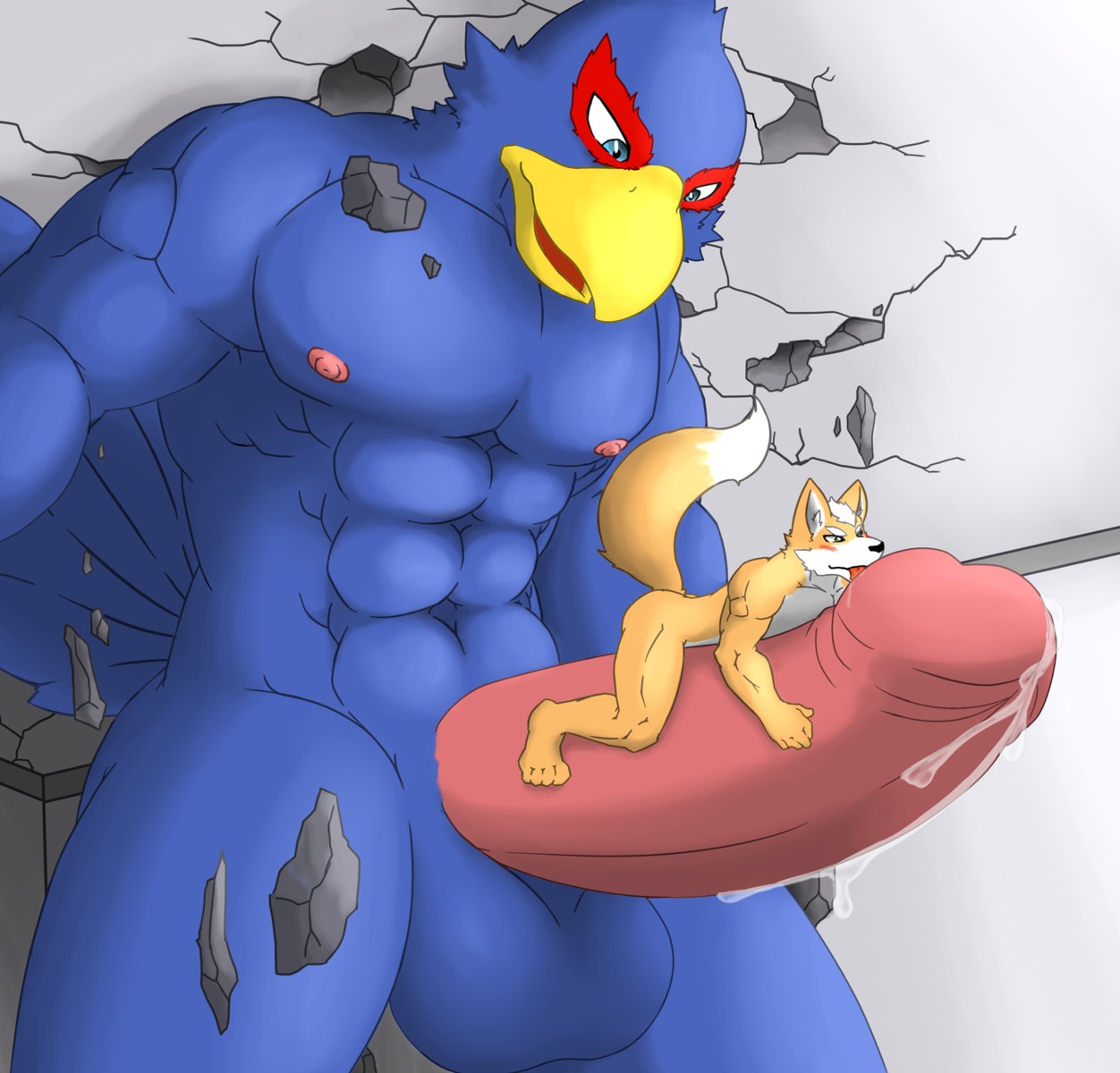 2014 4_toes abs anthro avian balls barefoot beak big_balls big_penis bird blue_body blue_feathers blush bodily_fluids butt canid canine croiyan cum cum_on_penis drooling duo e621 erection falco_lombardi feathers feet fox fox_mccloud fur genital_fluids genitals happy hi_res huge_balls interspecies larger_male licking looking_down macro male male/male male_on_bottom male_on_top mammal manly muscular nintendo nipples non-mammal_balls non-mammal_nipples nude on_bottom on_top open_mouth orgasm pecs penis saliva sex size_difference smaller_male smile standing star_fox tail thick_penis toes tongue tongue_out wmruckwr