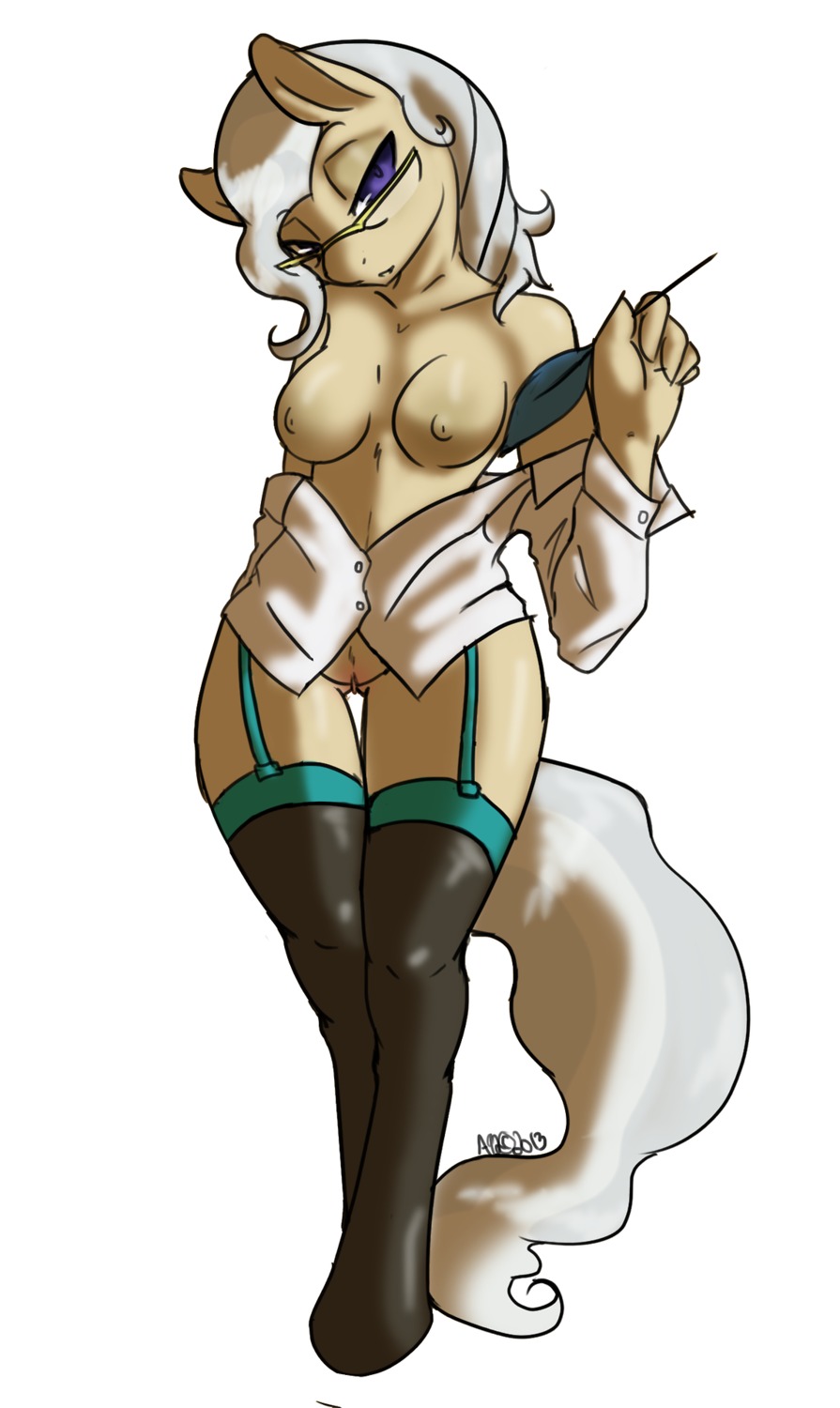 2013 anthro anthrofied avante92 blue_eyes clothing e621 earth_pony equid equine eyewear female friendship_is_magic genitals glasses hair hasbro hi_res horse legwear loose_feather mammal mayor_mare_(mlp) my_little_pony pony quill shirt simple_background solo stockings tail topwear vulva white_background white_hair