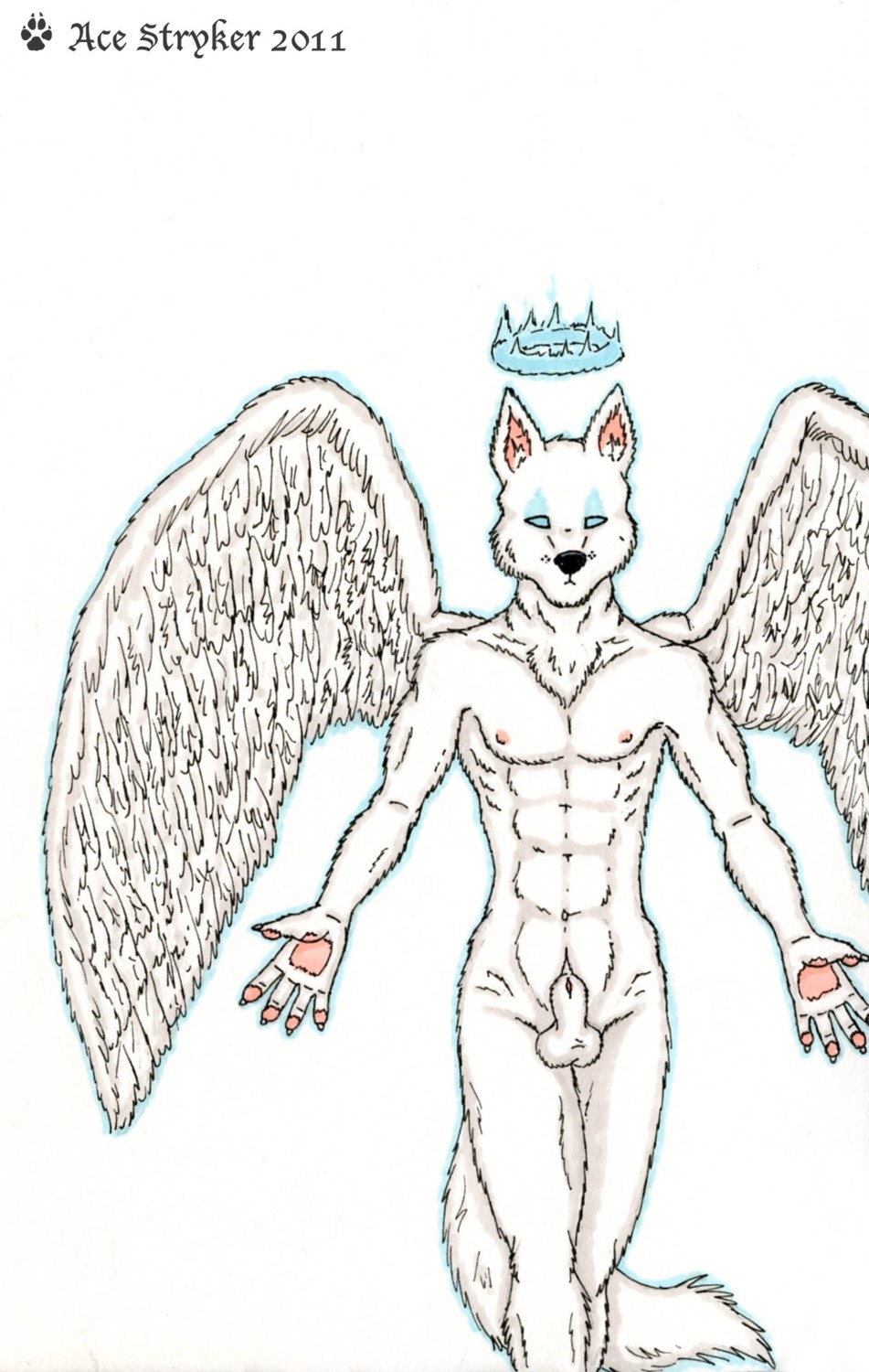 2011 ace_stryker angel animal_genitalia anthro balls canid canine canis e621 feathered_wings feathers genitals halo hi_res looking_at_viewer male mammal nude sheath simple_background solo tail white_background wings wolf