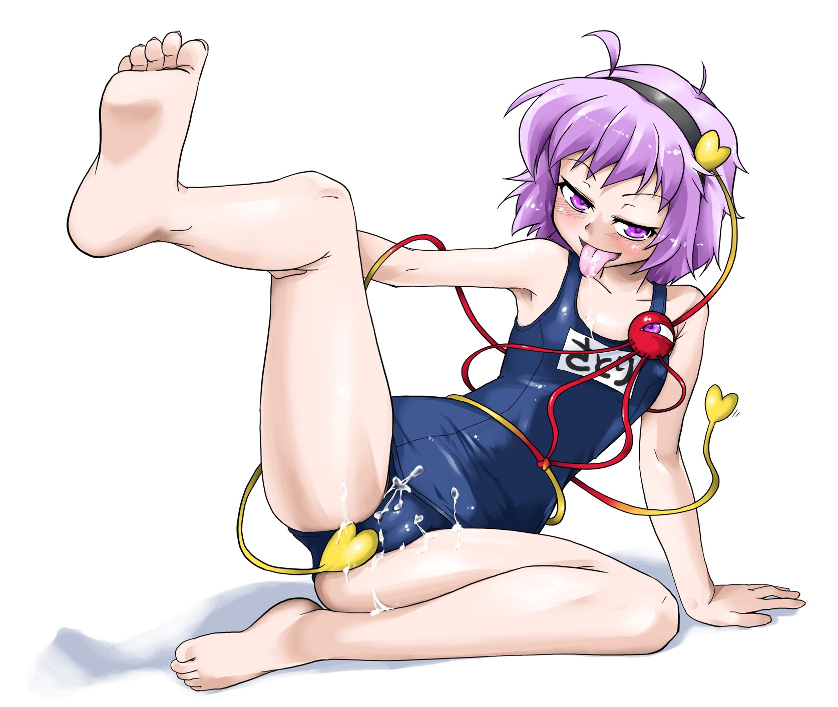 :p ahe_gao barefoot blush cameltoe cum cum_on_body eyes feet female hairband heart highres looking_at_viewer naughty_face one-piece_swimsuit purple_eyes purple_hair pussy rule34 satori_komeiji school_swimsuit short_hair soles swimsuit tease teasing tongue touhou