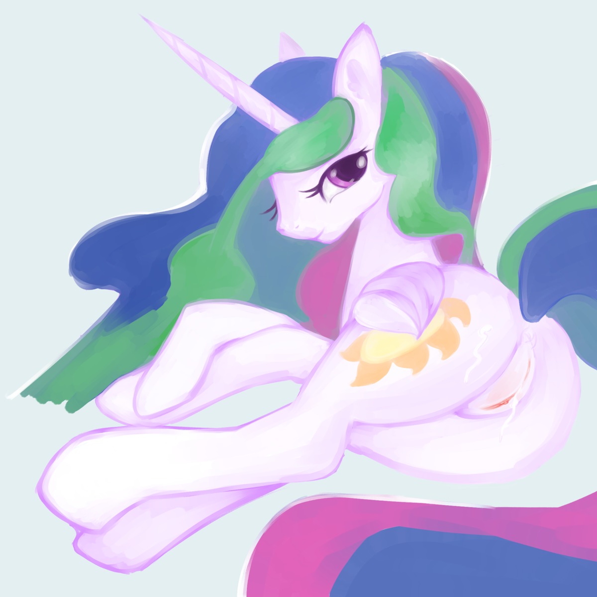 1:1 2012 after_sex anus bodily_fluids butt cum cutie_mark digital_media_(artwork) e621 equid equine feathered_wings feathers female feral friendship_is_magic genital_fluids genitals hair hasbro hi_res horn looking_at_viewer lying mammal multicolored_hair my_little_pony mythological_creature mythological_equine mythology on_side pink_eyes ponylicking presenting presenting_hindquarters princess princess_celestia_(mlp) quadruped royalty simple_background solo tail vulva white_background white_body white_feathers winged_unicorn wings