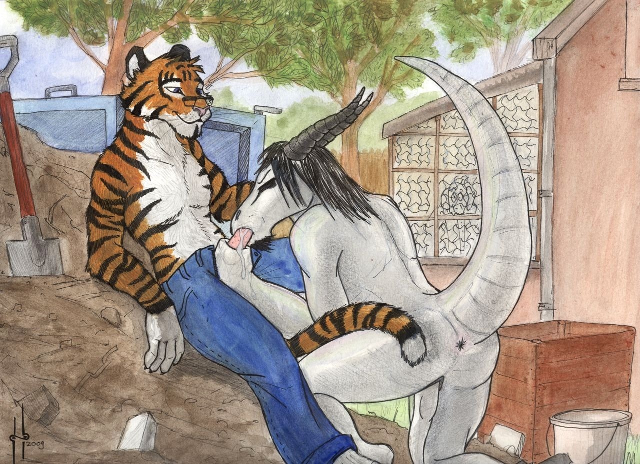 anthro bottomwear clothed clothing denim denim_bottomwear denim_clothing dragon duo e621 erection eyewear felid fellatio genitals glasses horn hufnaar interspecies jeans male male/male male_penetrated male_penetrating male_penetrating_male mammal mythological_creature mythological_scalie mythology nude open_bottomwear open_clothing open_pants oral oral_penetration outside pantherine pants penetration penile penile_spines penis penis_grab scalie sex tail tiger topless work