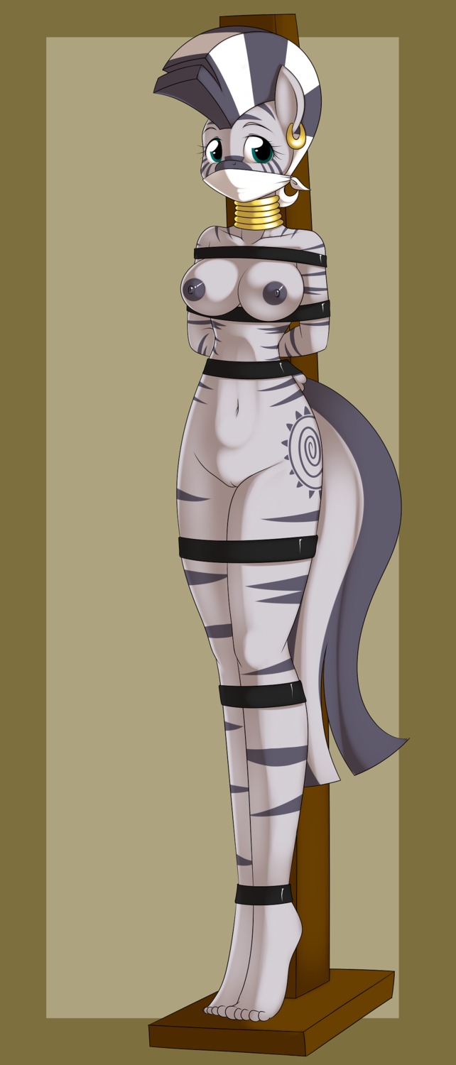 absurd_res anthro anthrofied bdsm black_nipples blue_eyes bondage bound breasts cloth_gag digital_media_(artwork) e621 ear_piercing equid equine female friendship_is_magic gag gagged genitals hasbro hi_res kloudmutt looking_at_viewer mammal my_little_pony neck_ring nipples nude piercing solo stripes submissive submissive_female tail vulva zebra zecora_(mlp)