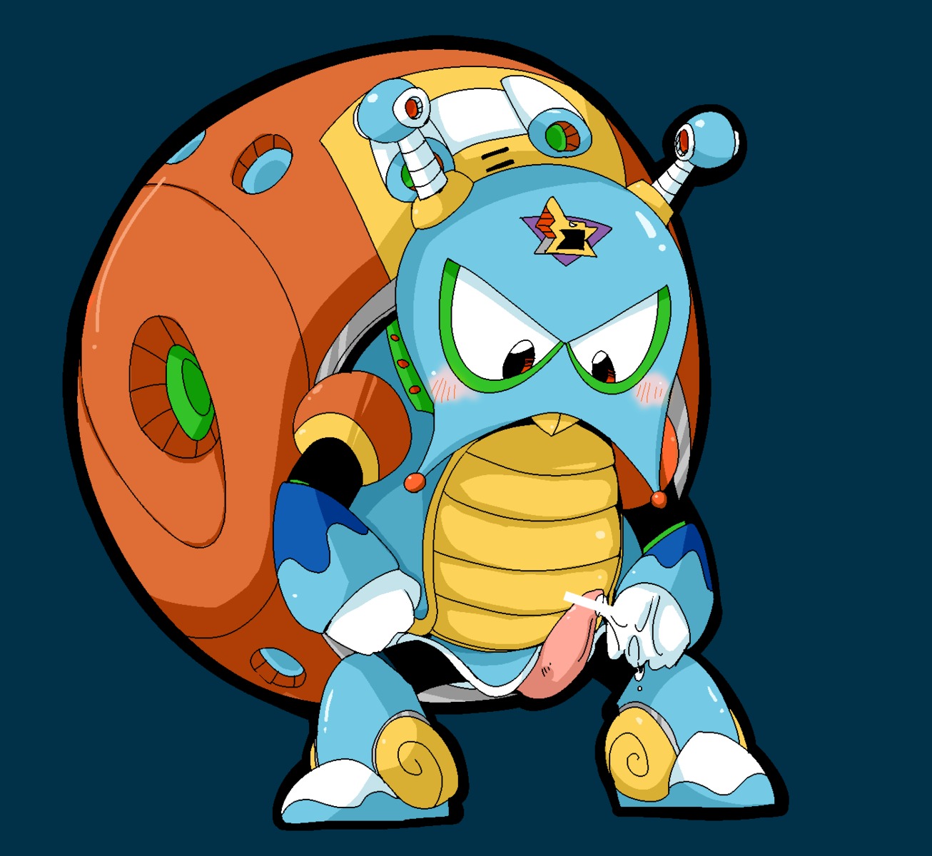 2014 anthro arthropod biped blush bodily_fluids buckteeth capcom censored crystal_snail cum cum_on_hand cum_on_penis doneru e621 erection full-length_portrait gastropod genital_fluids genitals glistening hi_res insect looking_down machine male masturbation mega_man_(series) mega_man_x_(series) mollusk nude orange_eyes orgasm penile penile_masturbation penis portrait reploid robot shadow simple_background snail solo standing teal_background teeth
