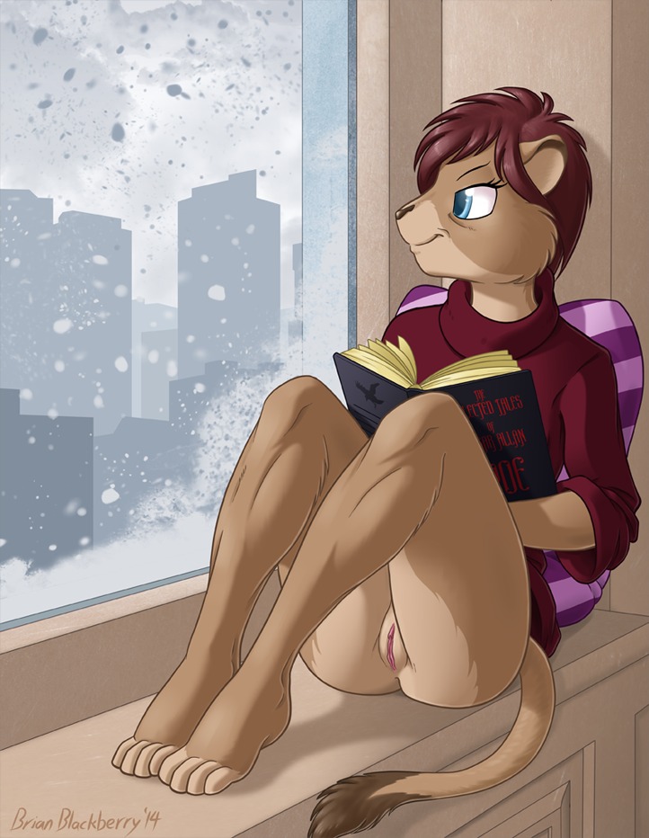 4_toes anthro barefoot book bottomless bottomless_anthro bottomless_female brian_mcpherson casual_exposure clothed clothing e621 edgar_allan_poe feet felid female genitals hindpaw lion makena mammal pantherine paws plantigrade sitting skimpy solo toes vulva winter