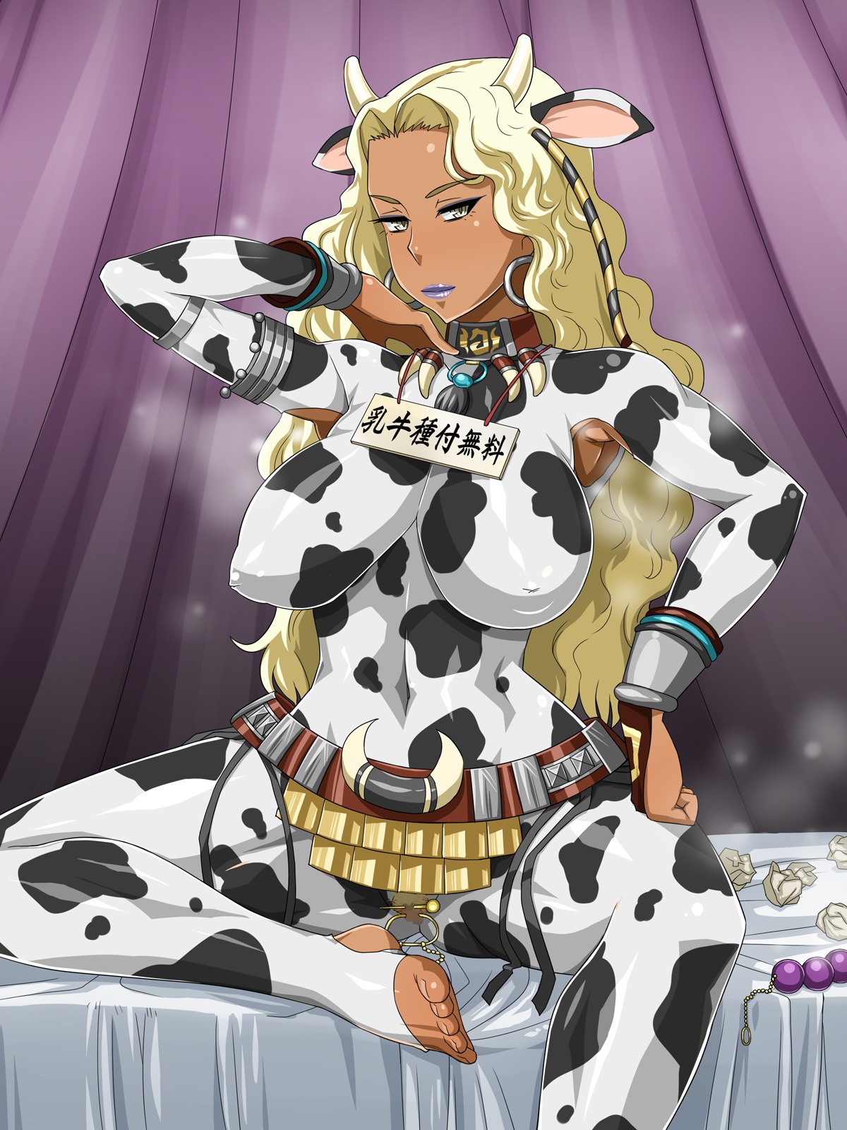 1girls adjusting_hair animal_ear armpits arms_up beads belt blonde_hair blonde_pubic_hair breasts clit_piercing clitoris clitoris_piercing cow_accoutrements cow_ear cow_girl cow_print dark_skin enoshima_iki feet female ganguro highres horns large_breasts lipstick long_hair looking_at_viewer makeup moo_bitch nipples piercing pubic_hair purple_lips pussy rule34 sitting smell solo source_request tissue tissues toes translation_request