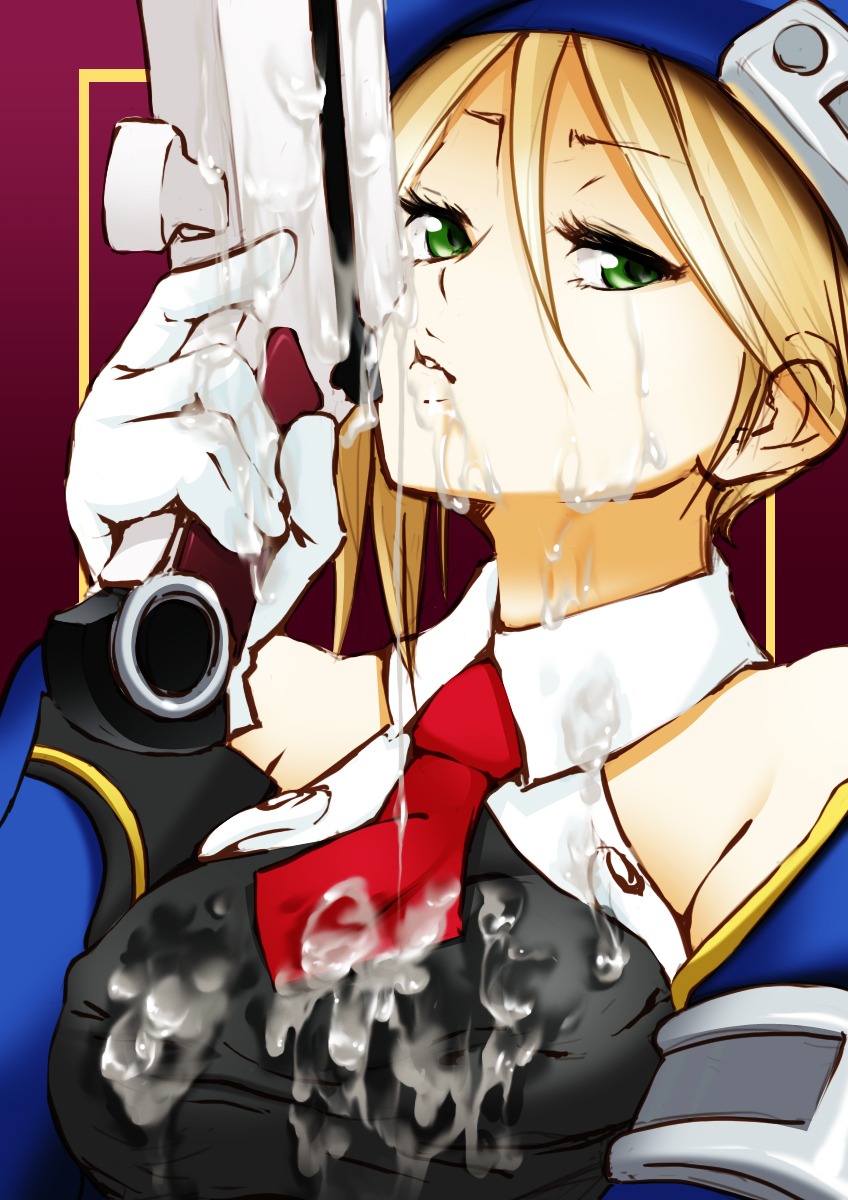 1girls artist_request bare_shoulders blazblue blonde_hair cum cum_on_clothes cum_on_neck cum_on_upper_body cum_wearing cumdrip facial female female_only gloves green_eyes gun hat highres looking_at_viewer noel_vermillion rule34 solo weapon