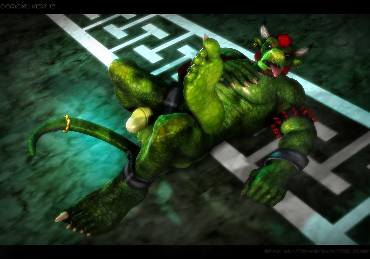 2012 3d_(artwork) 5_toes anthro balls barefoot biceps big_feet big_muscles big_penis biped bodily_fluids claws cuff_(restraint) darkviperbara digital_media_(artwork) doroku e621 ear_piercing erection fangs feet foot_focus genital_fluids genitals green_body green_skin hair horn humanoid_feet humanoid_genitalia humanoid_penis lizard looking_at_viewer lying male muscular muscular_anthro muscular_male nude on_back open_mouth pec_grab pecs penis piercing plantigrade precum red_eyes reptile restraints scalie shackles soles solo submissive submissive_male teeth toe_claws toes tongue tongue_out