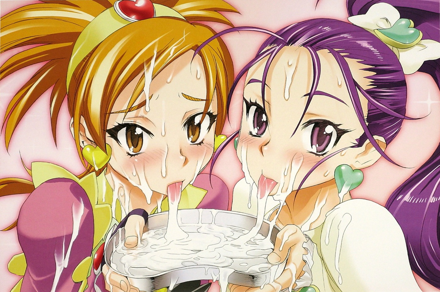 2girls blush bow bowl bukkake clothing cum cum_in_container cum_in_mouth cum_on_tongue cum_string cure_bloom cure_egret facial female female_only futari_wa_precure_splash_star gokkun hair hair_held_back hyuuga_saki inazuma magical_girl mishou_mai multiple_females multiple_girls precure pretty_cure rule34 satou_shouji tongue