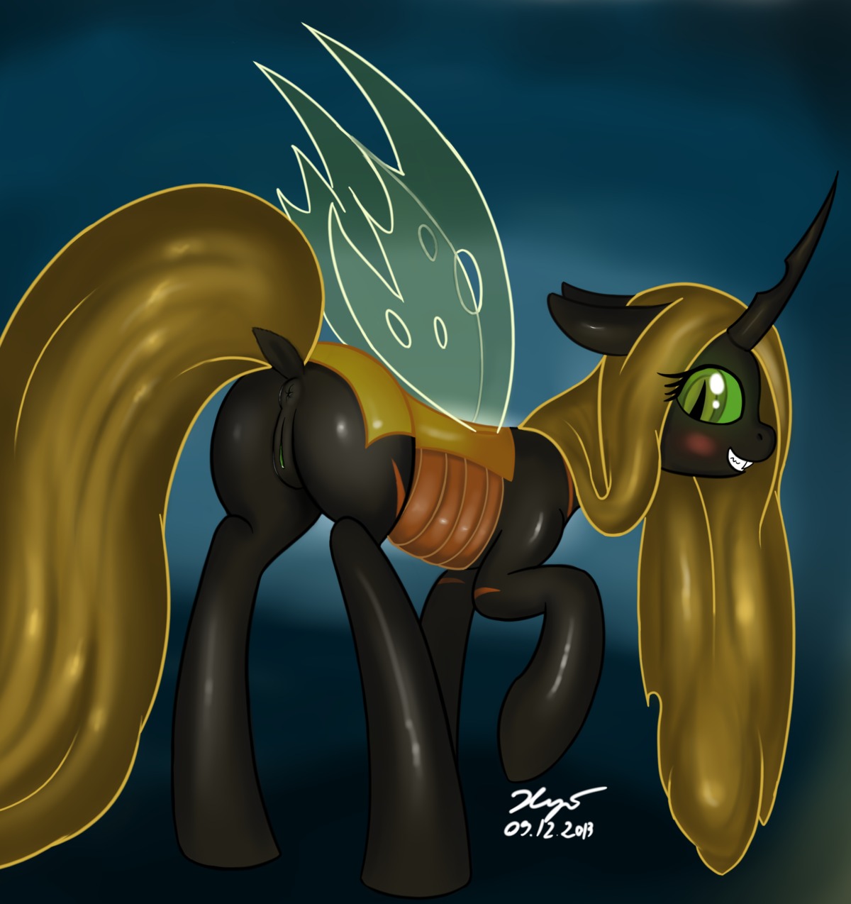 2013 ambrosia_(carniscorner) anus arthropod avtor-xyi black_body blonde_hair carniscorner changeling_(mlp) e621 fan_character female feral friendship_is_magic genitals hair hasbro hi_res insect_wings my_little_pony presenting solo vulva wings xyi yellow_eyes