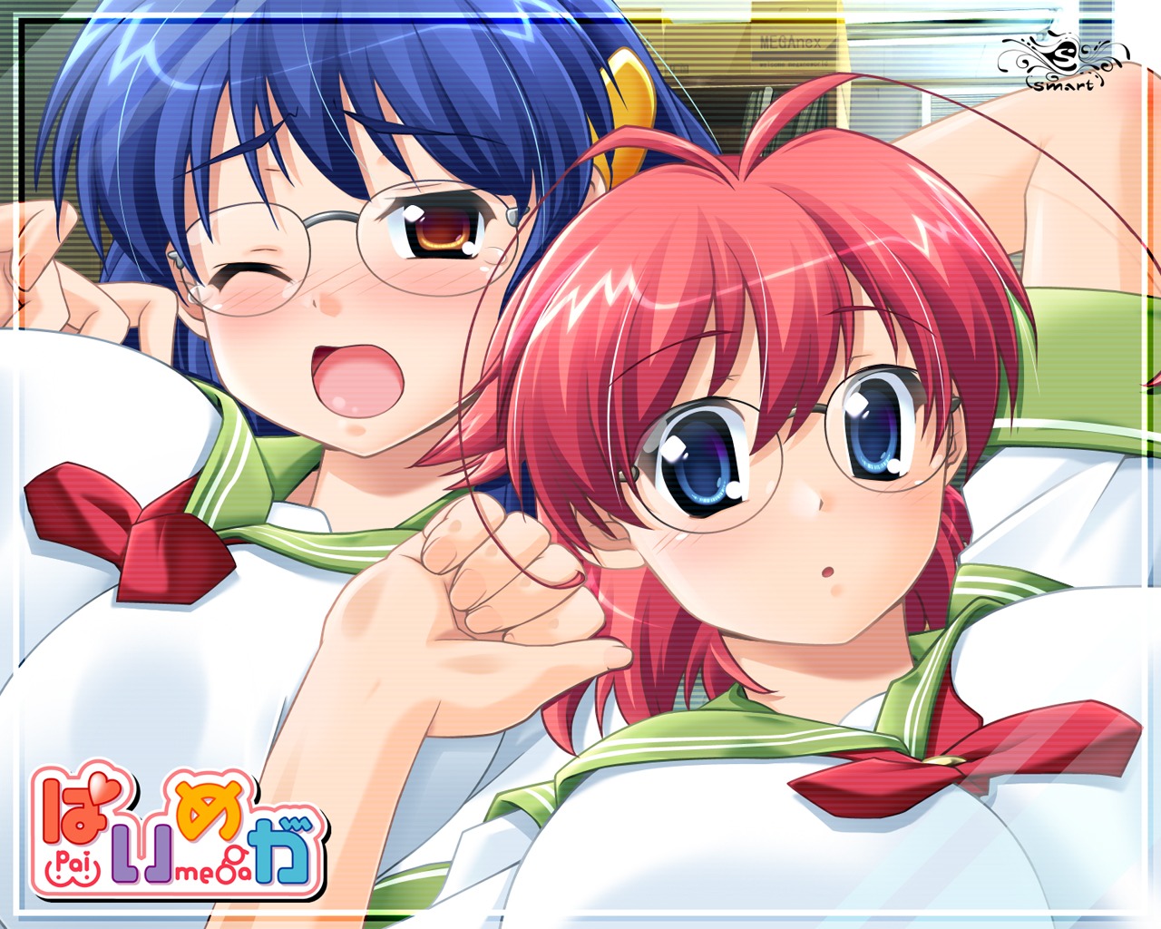 :o ahoge antenna_hair blue_eyes blue_hair blush breast_press breasts brown_eyes female glasses hibino_shizuru huge_breasts megane multiple_females multiple_girls open_mouth paimega red_hair rule34 sakechan school_uniform serafuku tear wakamiya_kanade wallpaper wink