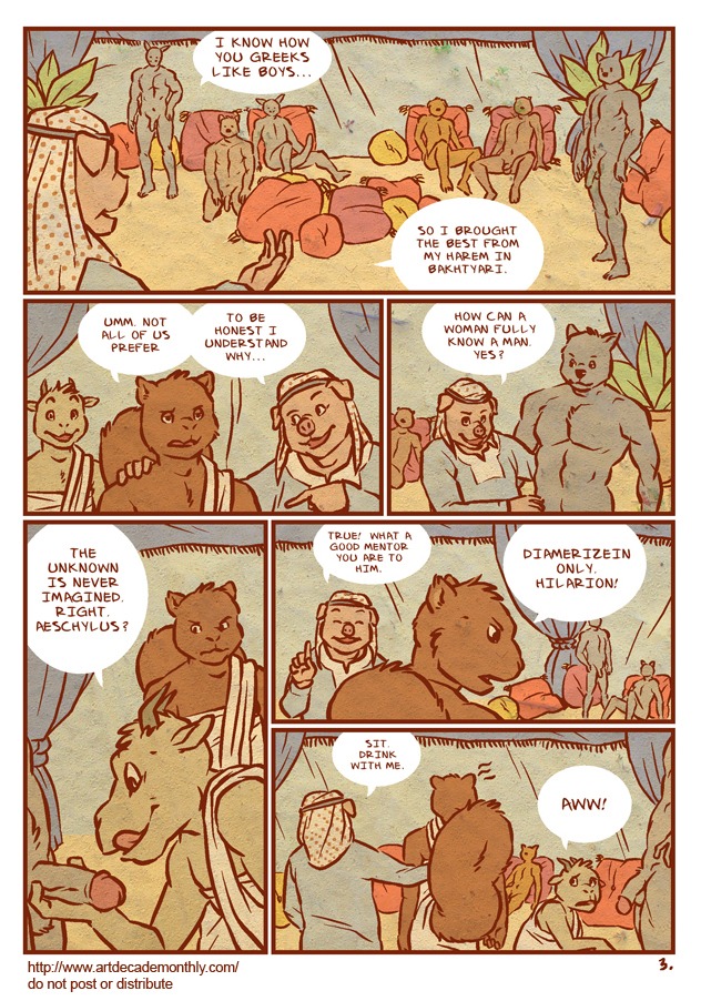 aeschylus anthro artdecade bovid caprine clothing comic dialogue digital_media_(artwork) do_not_distribute domestic_pig e621 english_text erection genitals goat greek group harem hilarion humanoid_genitalia humanoid_penis male male/male mammal multiple_scenes muscular nude penis rodent sciurid sex_slave slave slightly_chubby speech_bubble suid suine sus_(pig) tail text toga tree_squirrel url