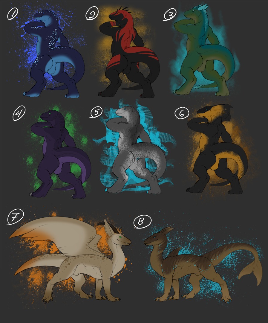 anthro balls black_body blue_body brown_body conditional_dnp digital_media_(artwork) dragon e621 genitals green_body grey_body lizard looking_at_viewer looking_back male multiple_images mythological_creature mythological_scalie mythology nude pose purple_body reptile scalie solo tail tojo_the_thief unknown_species